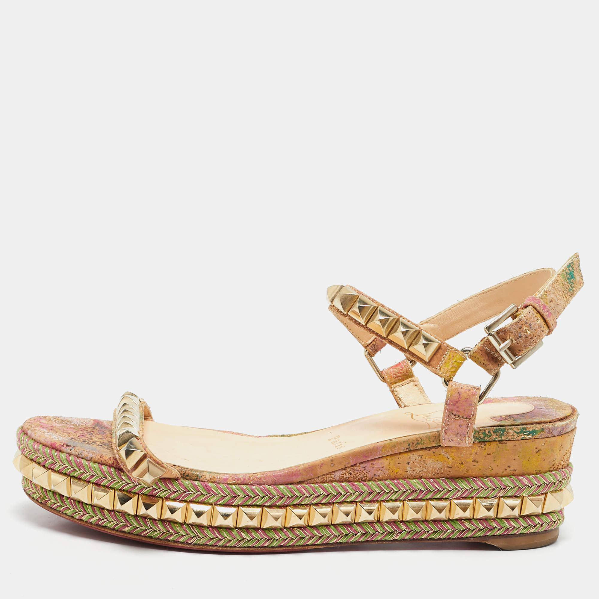 Christian Louboutin Multicolor Cork Cataclou Ankle Strap Sandals Size 40