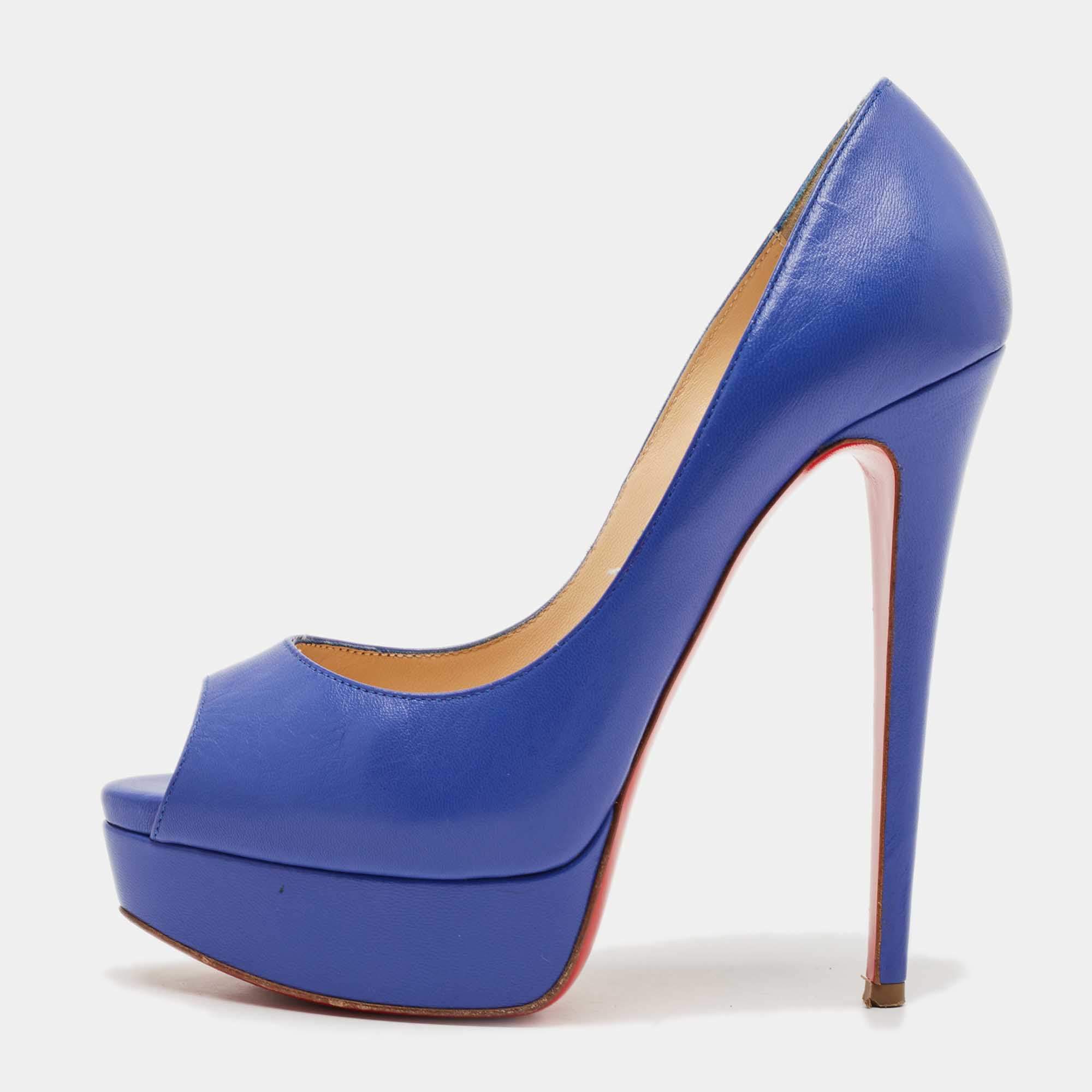 Christian Louboutin Blue Leather Lady Peep Toe Platform Pumps Size 36.5