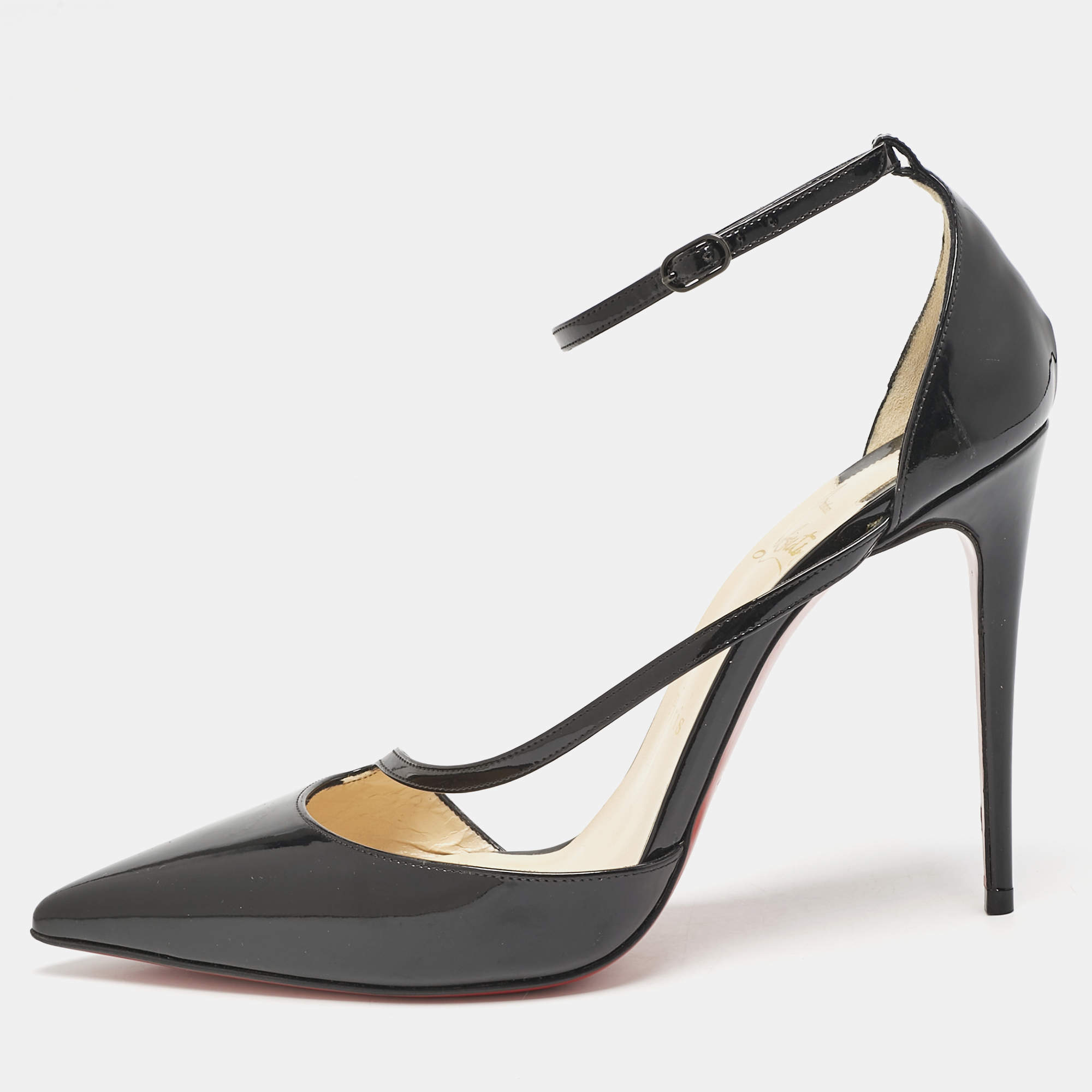 Pre Owned حذاء كعب عالى كريستيان لوبوتان مقدمة مدببة سيور كاحل فليكيتا جلد لامع أحمر مقاس 38