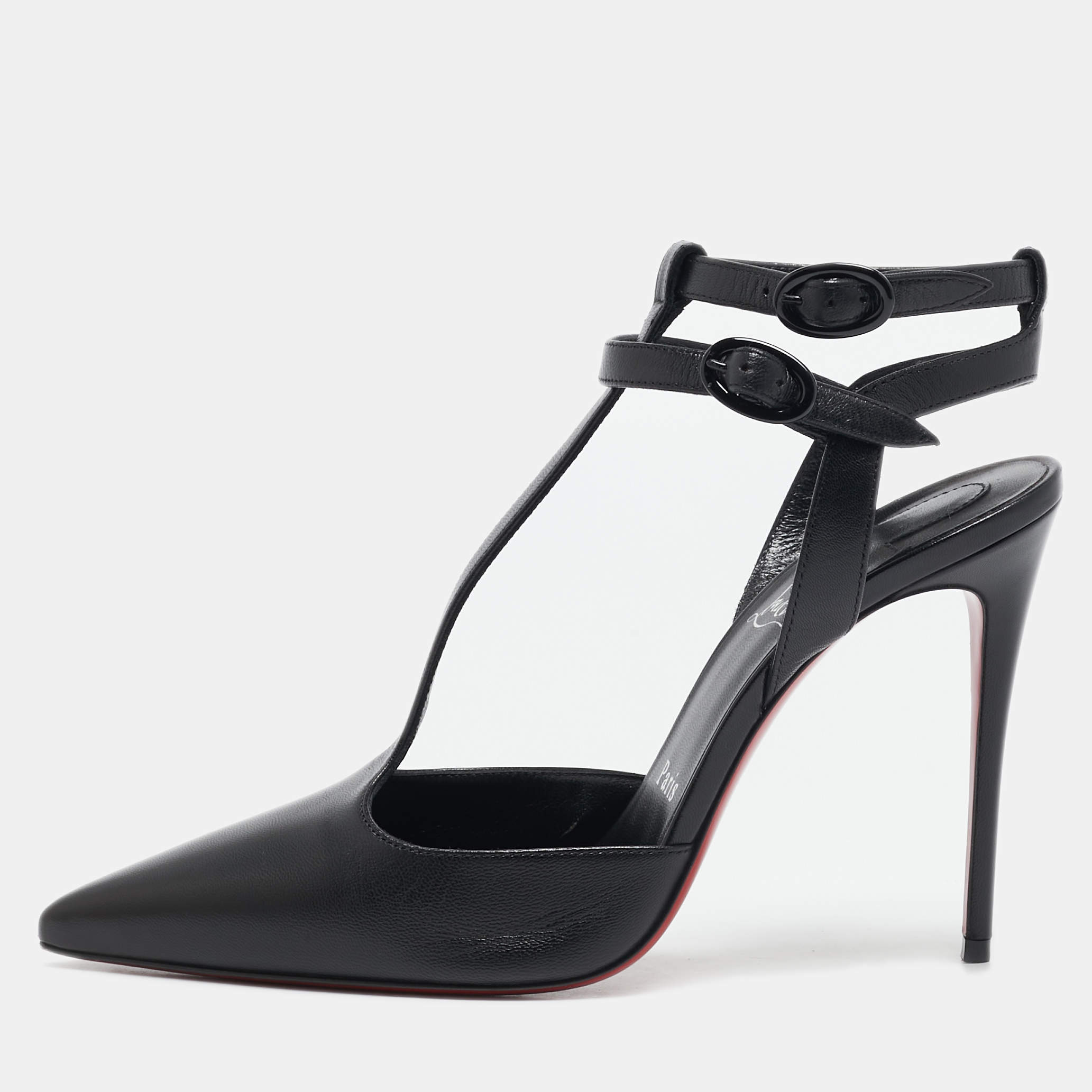 مملوكة مسبقًا Christian Louboutin Black Leather Maravilla T Strap Pumps Size 37