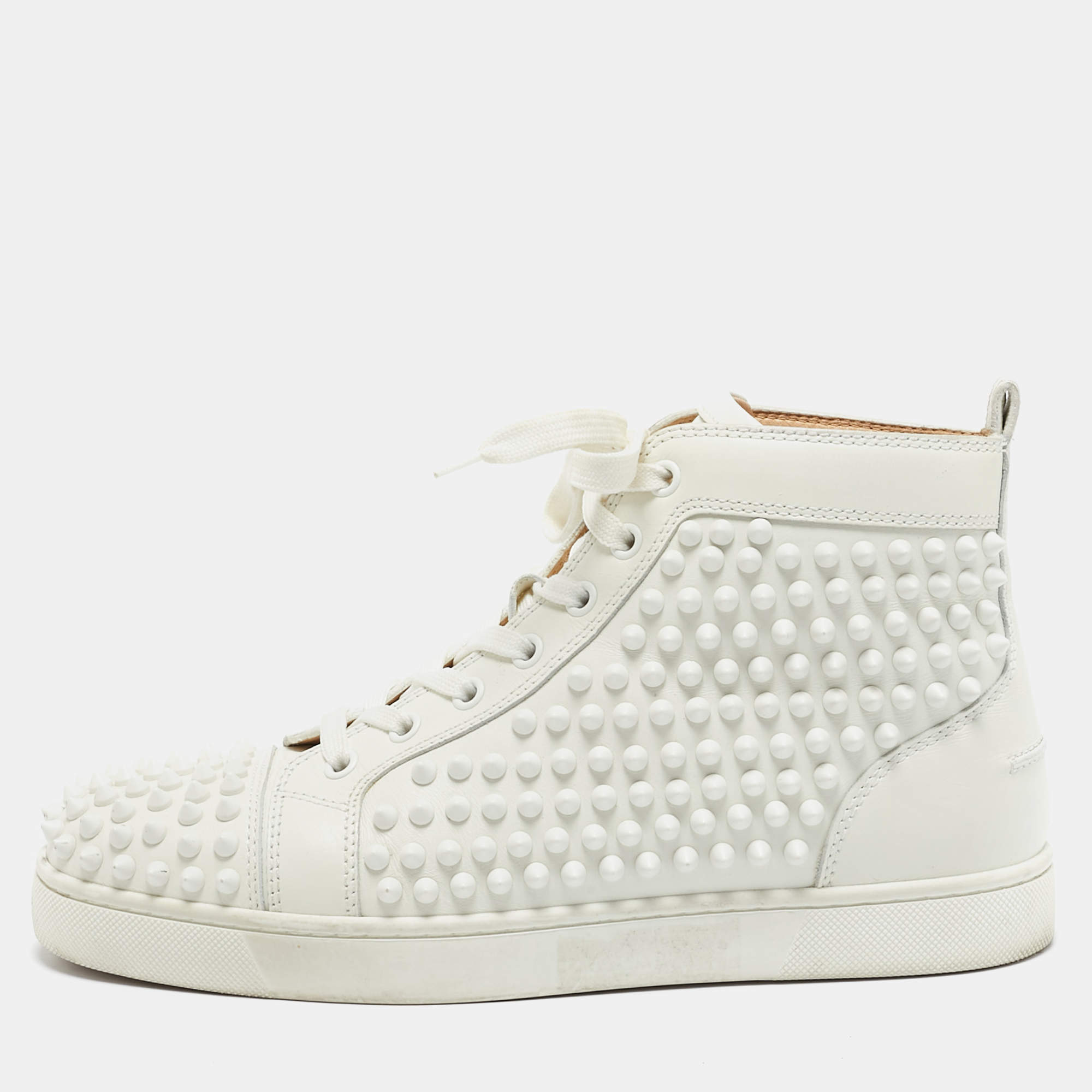 Christian Louboutin White/Silver Leather Louis Spikes High Top Sneakers Size 39