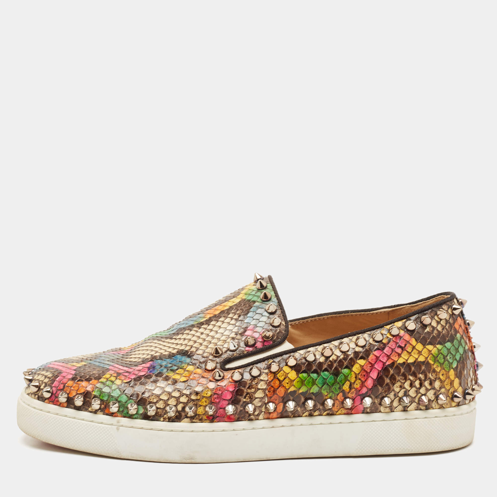 مملوكة مسبقًا Christian Louboutin Gold Python Leather Pik Boat Slip On Sneakers Size 38