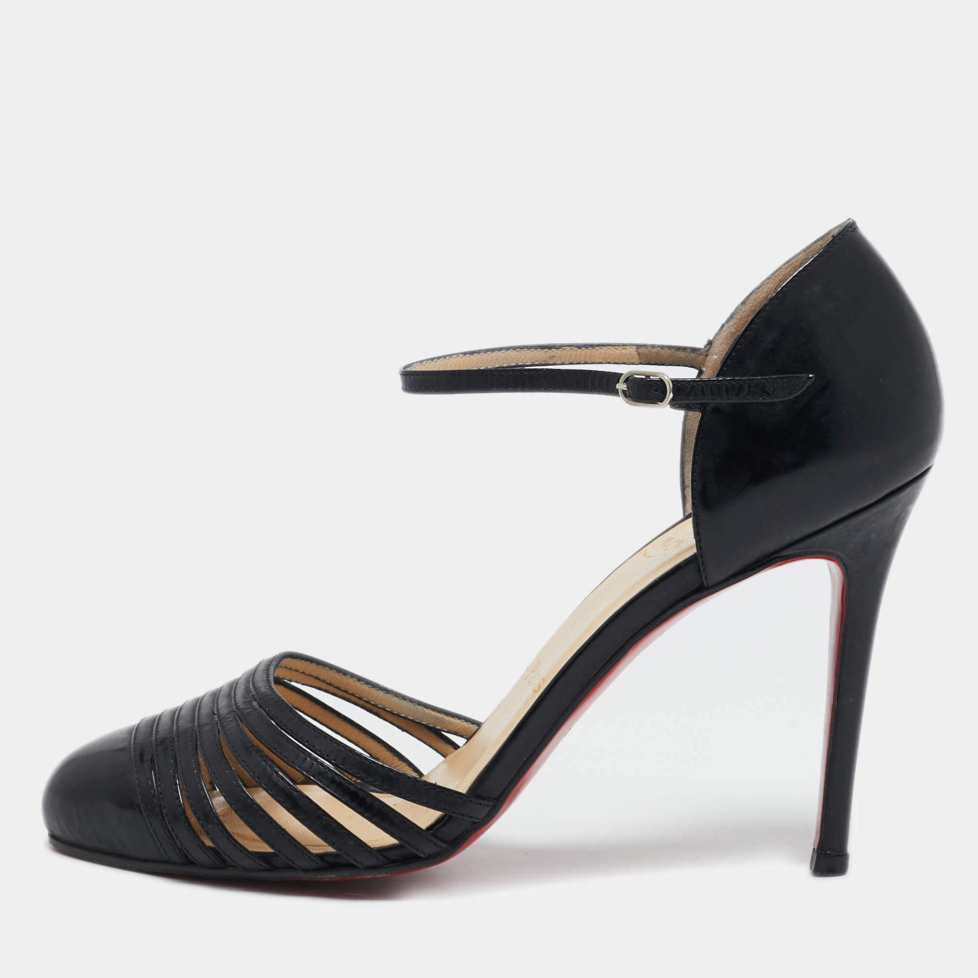 Christian Louboutin Black Patent Leather En passant Ankle Strap Sandals Size 39