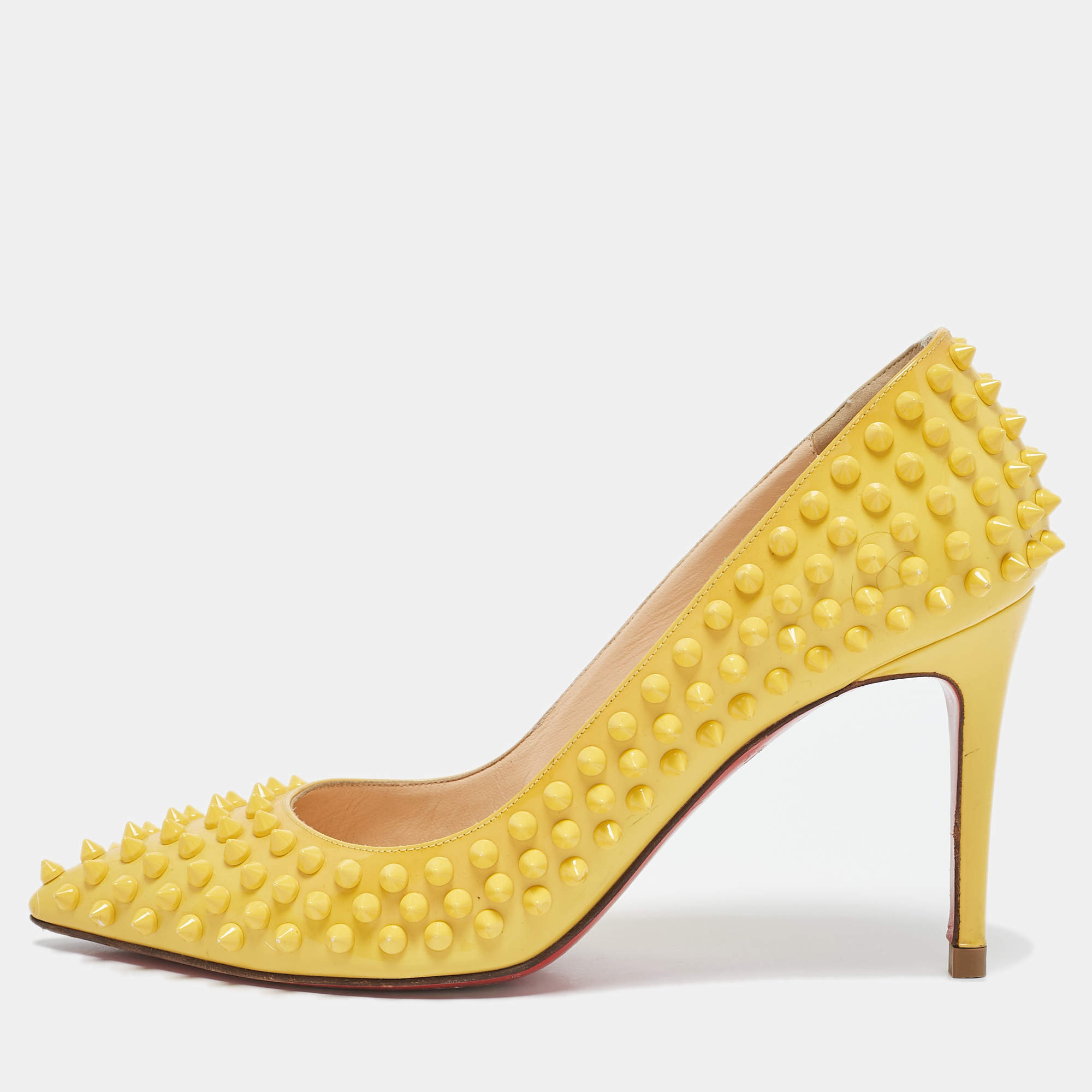 Christian Louboutin Yellow Patent Leather Pigalle Spikes Pointed Toe Pumps Size 39