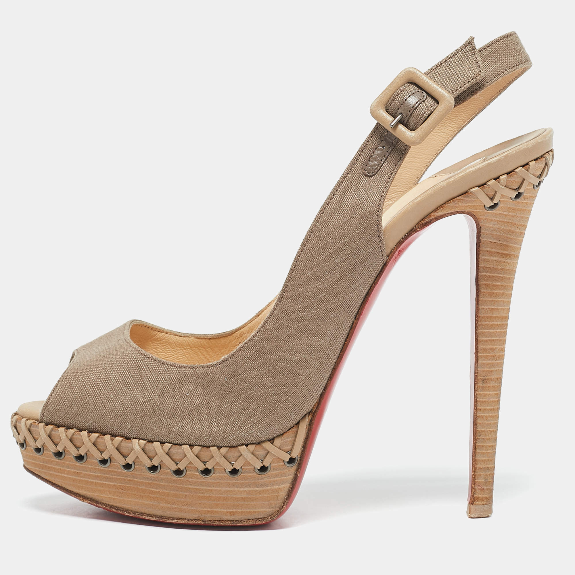Christian Louboutin Beige Canvas Lady Indiana Slingback Sandals Size 38