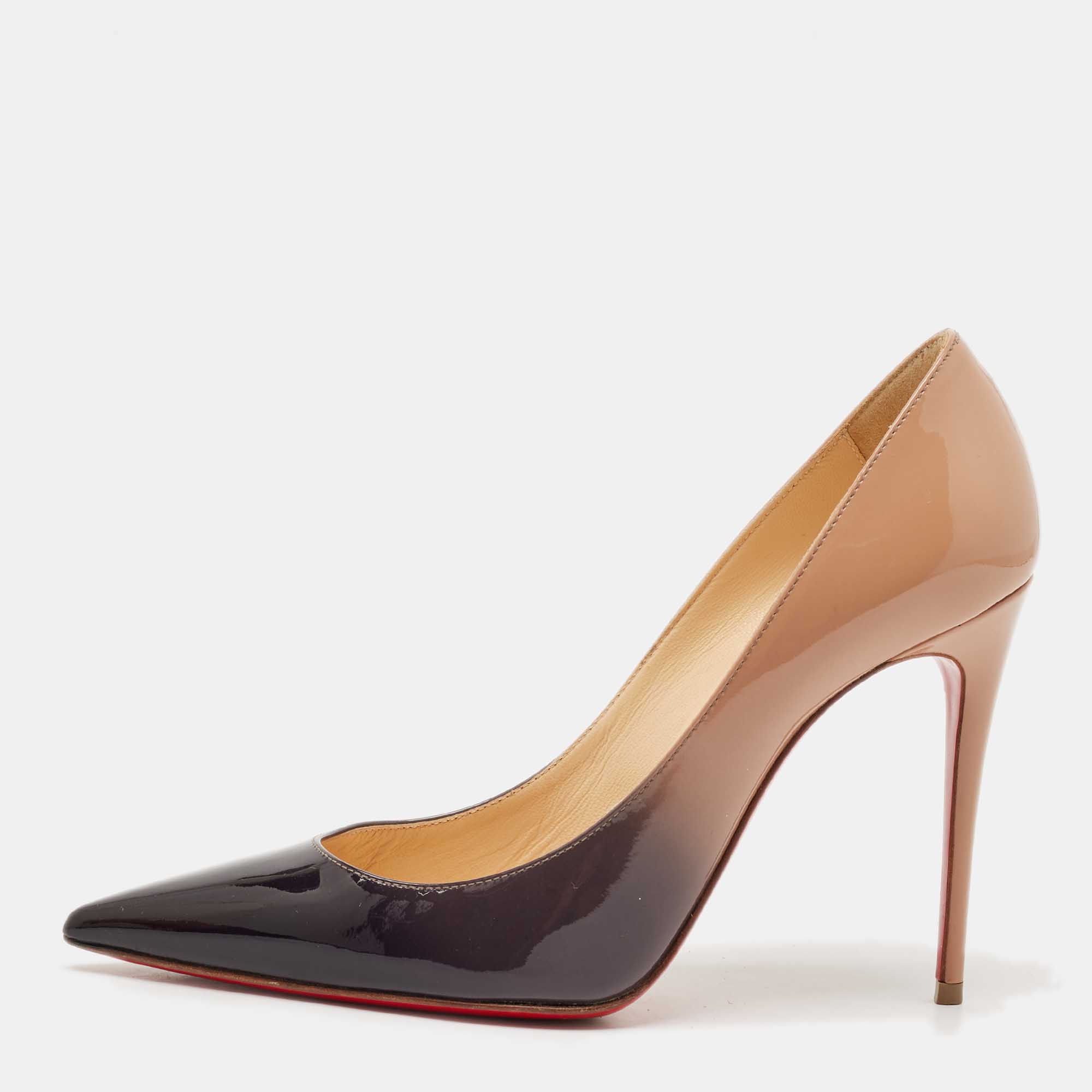 Pre Owned Christian Louboutin Beige/Black Patent Leather So Kate Pumps Size 36.5