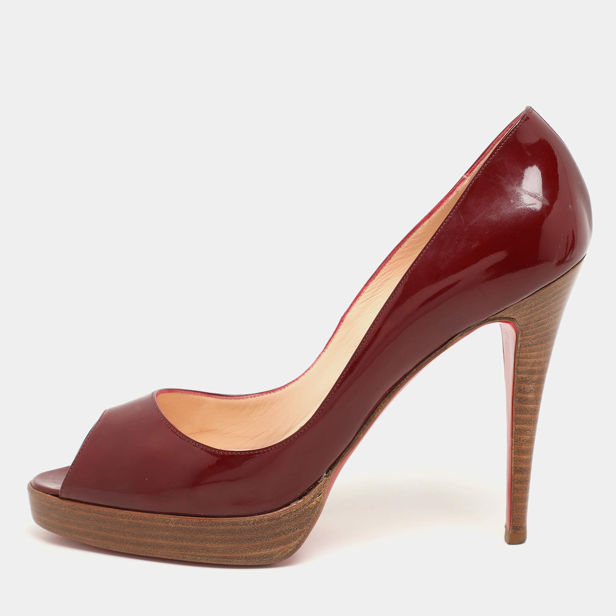 Christian Louboutin Red Patent Leather Peep Toe Platform Pumps Size 40.5