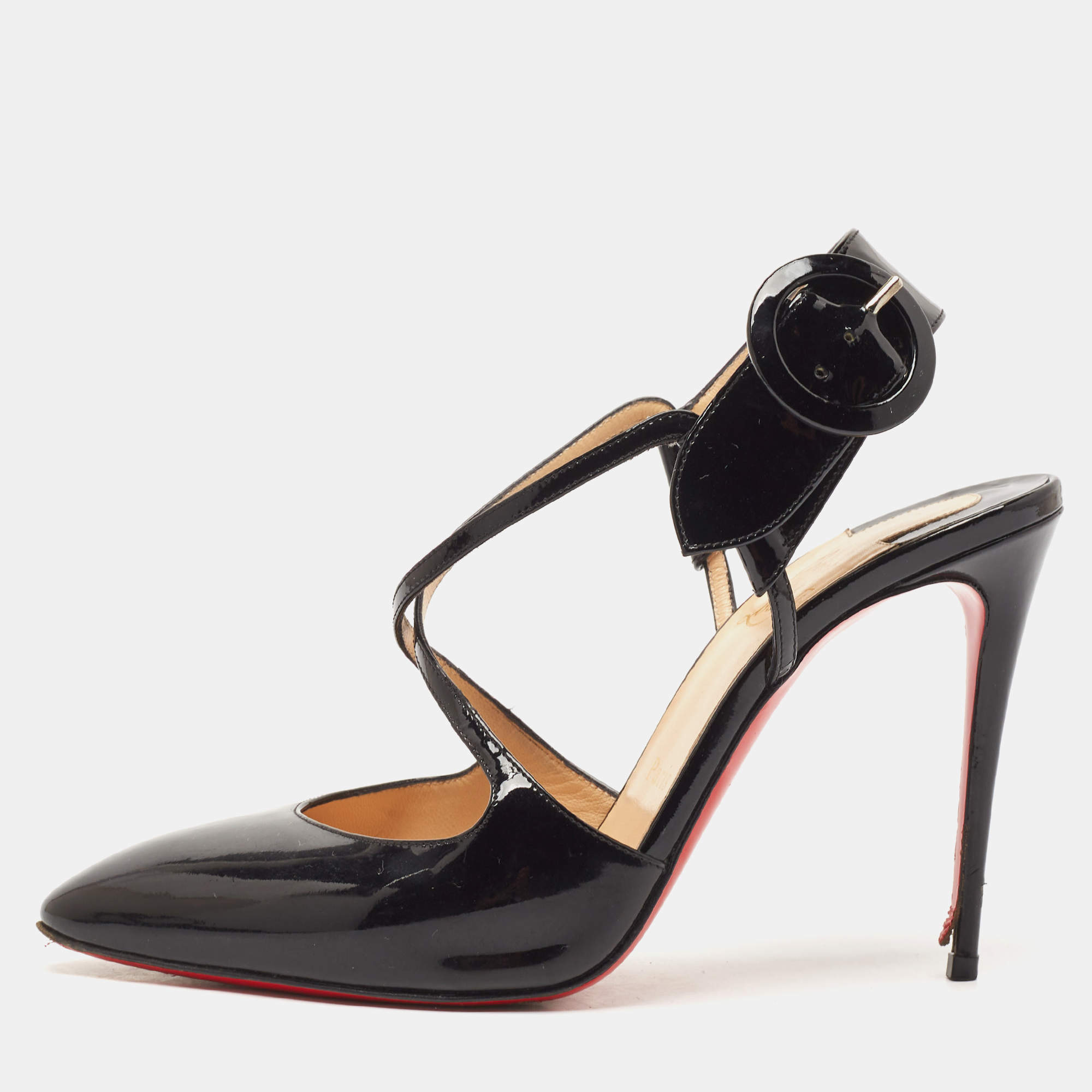 Christian Louboutin Black Patent Leather Crossfliketa Pumps Size 38.5