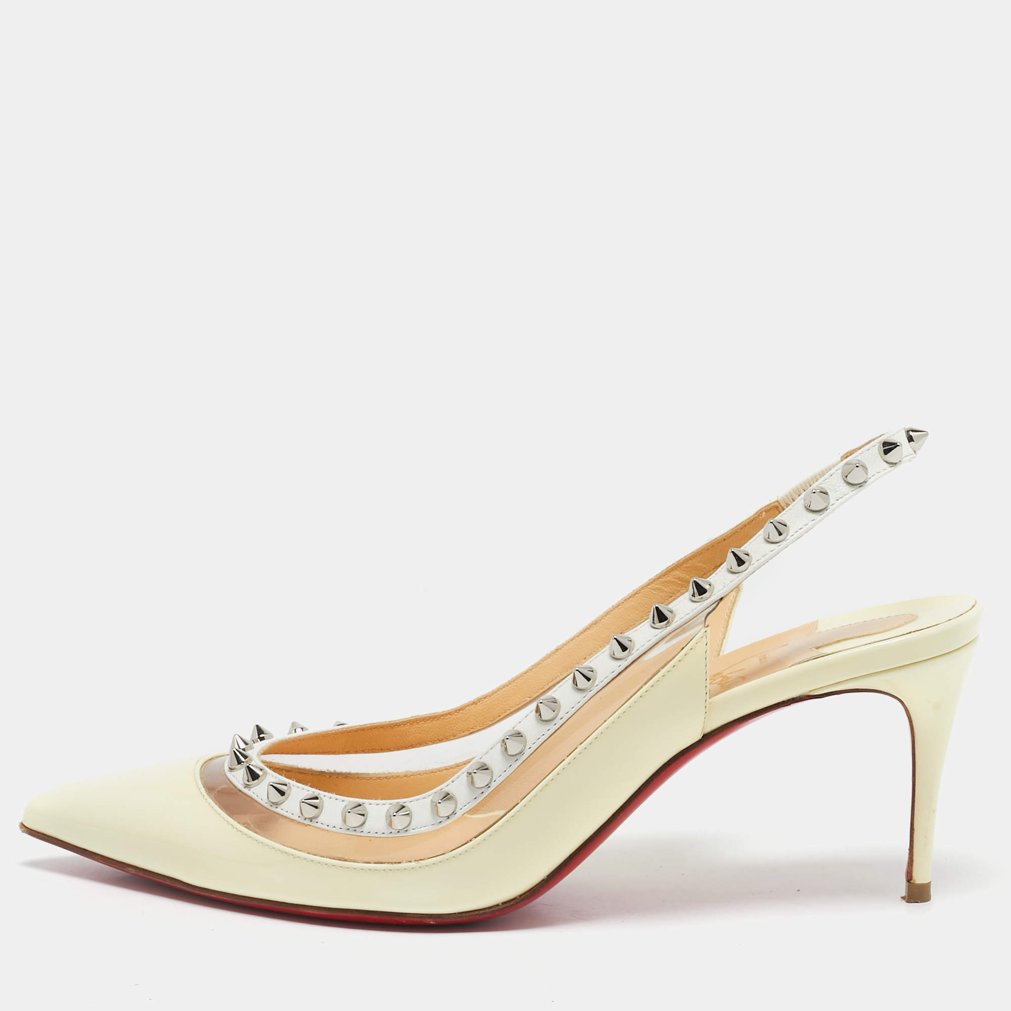 مملوكة مسبقًا Christian Louboutin Cream/Transparent Patent and PVC Brigandine Spike Slingback Pumps Size 37