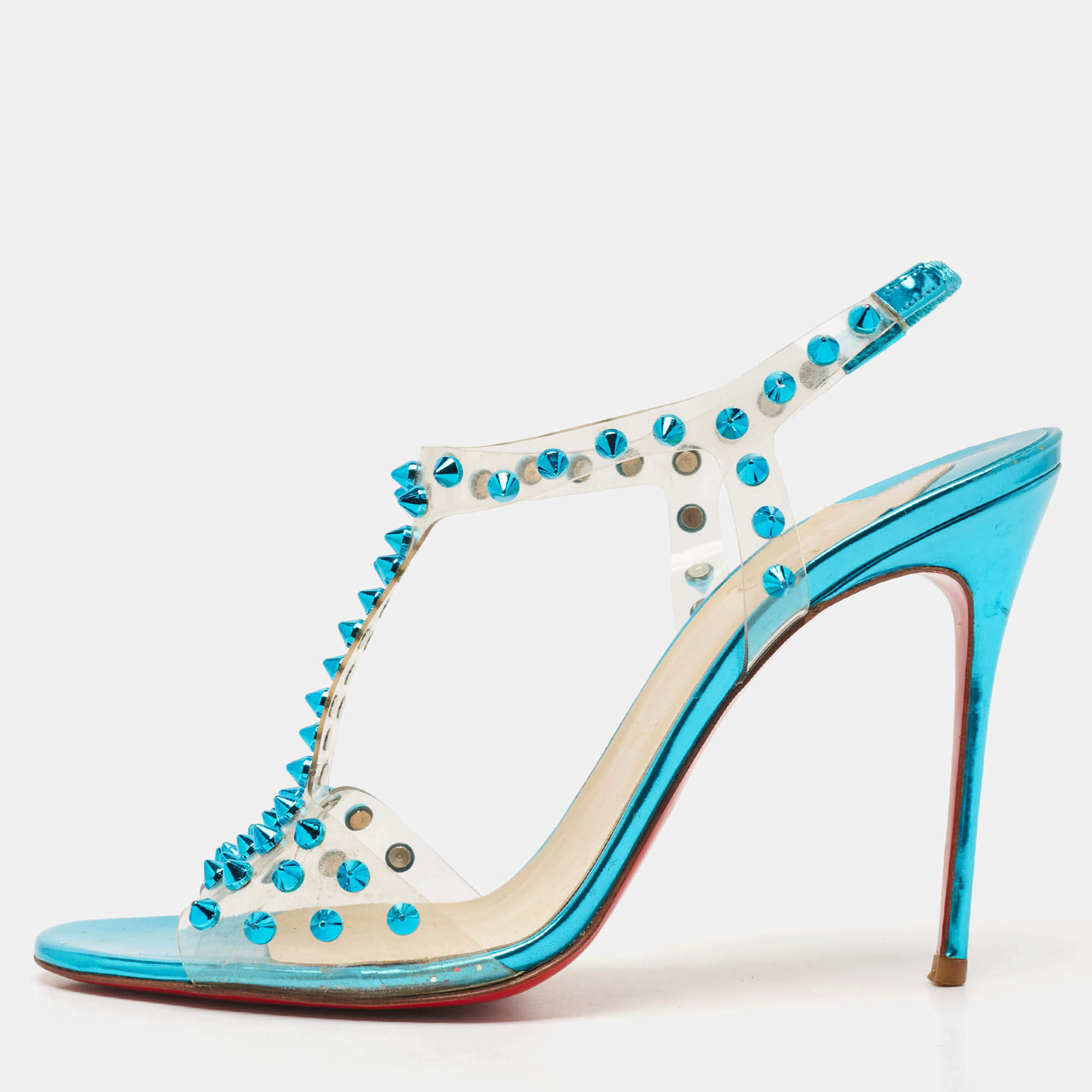 Pre Owned Christian Louboutin Blue Turquoise Spiked PVC J-Lissimo T Strap Sandals Size 38.5