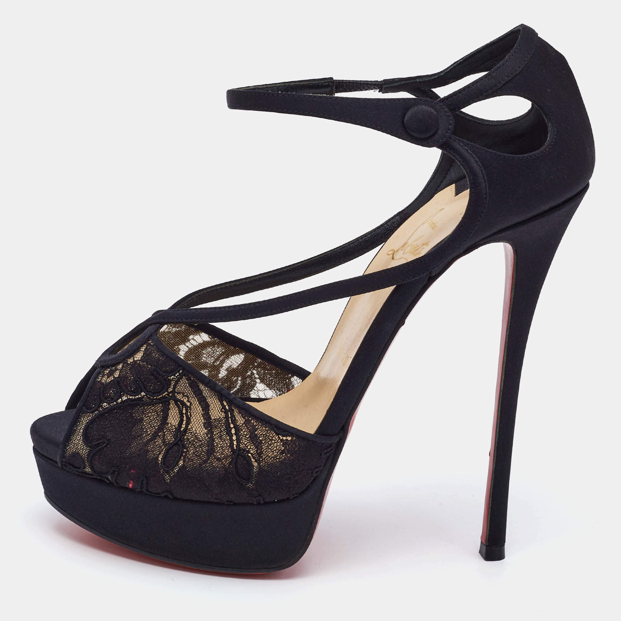 Christian Louboutin Black Lace and Satin Platform Sandals Size 38