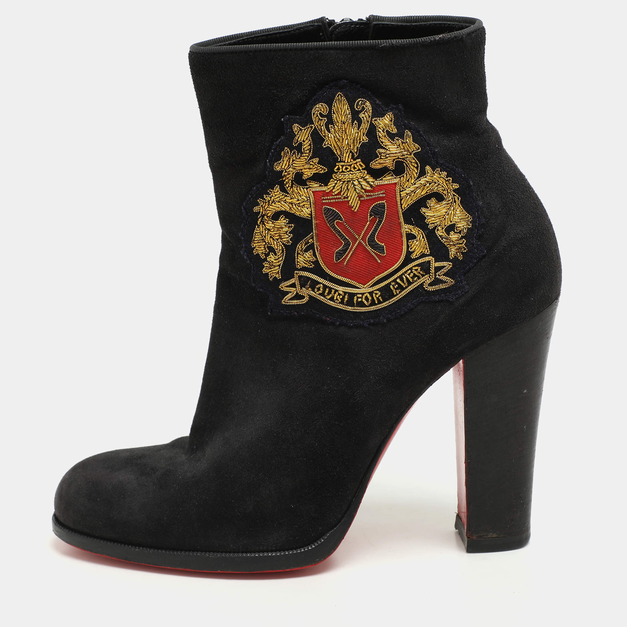Pre Owned Christian Louboutin Black Suede Embroidered Patch Collegissima Mid Calf Boots Size 36