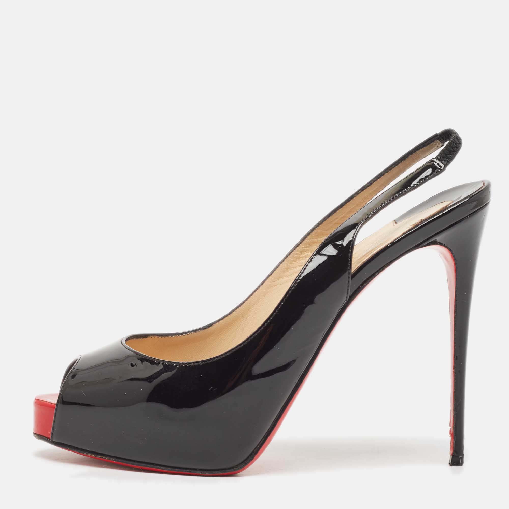Pre Owned Christian Louboutin Black Patent Private Number Slingback Pumps Size 38