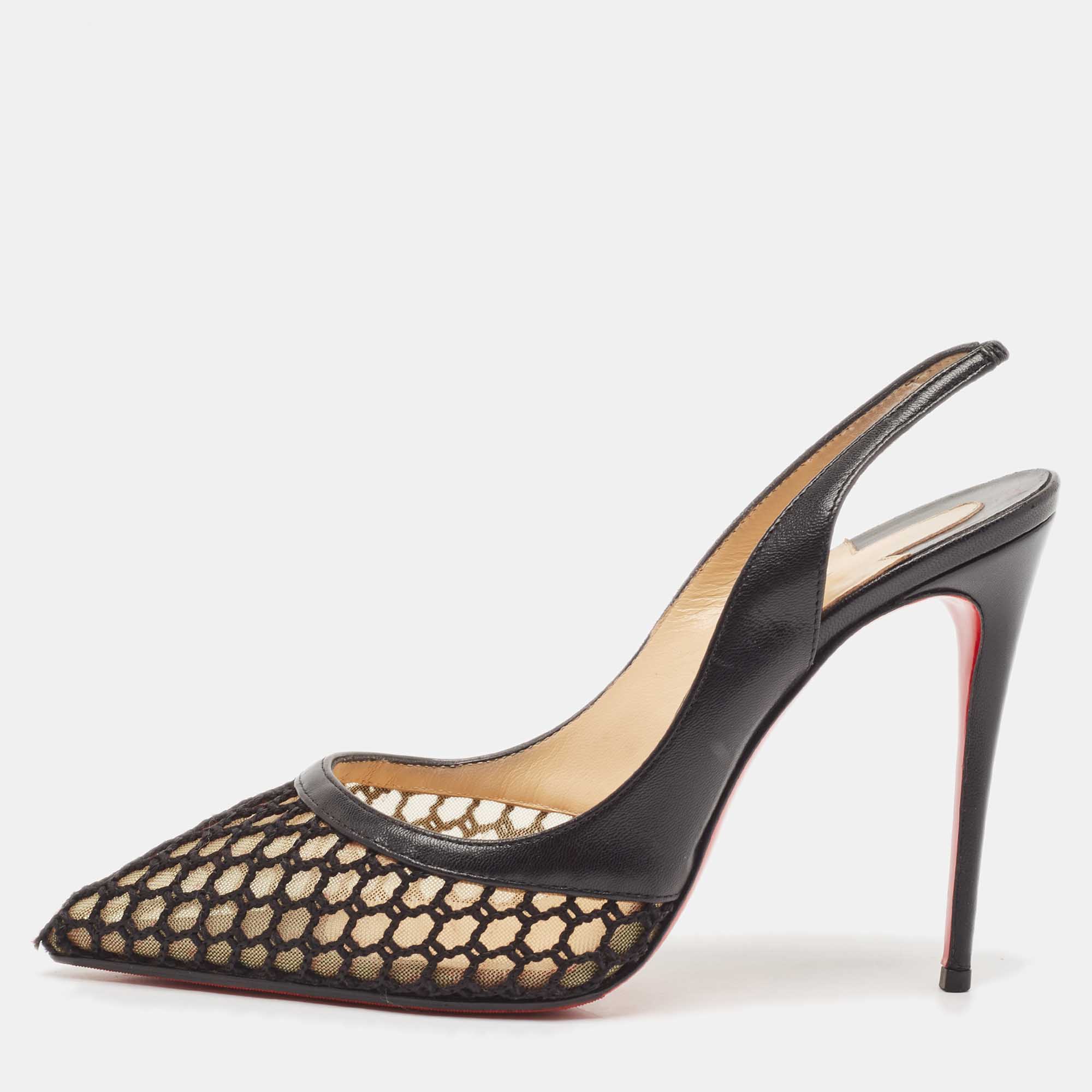 Pre Owned Christian Louboutin Black Leather and Net Miluna Slingback Pumps Size 38