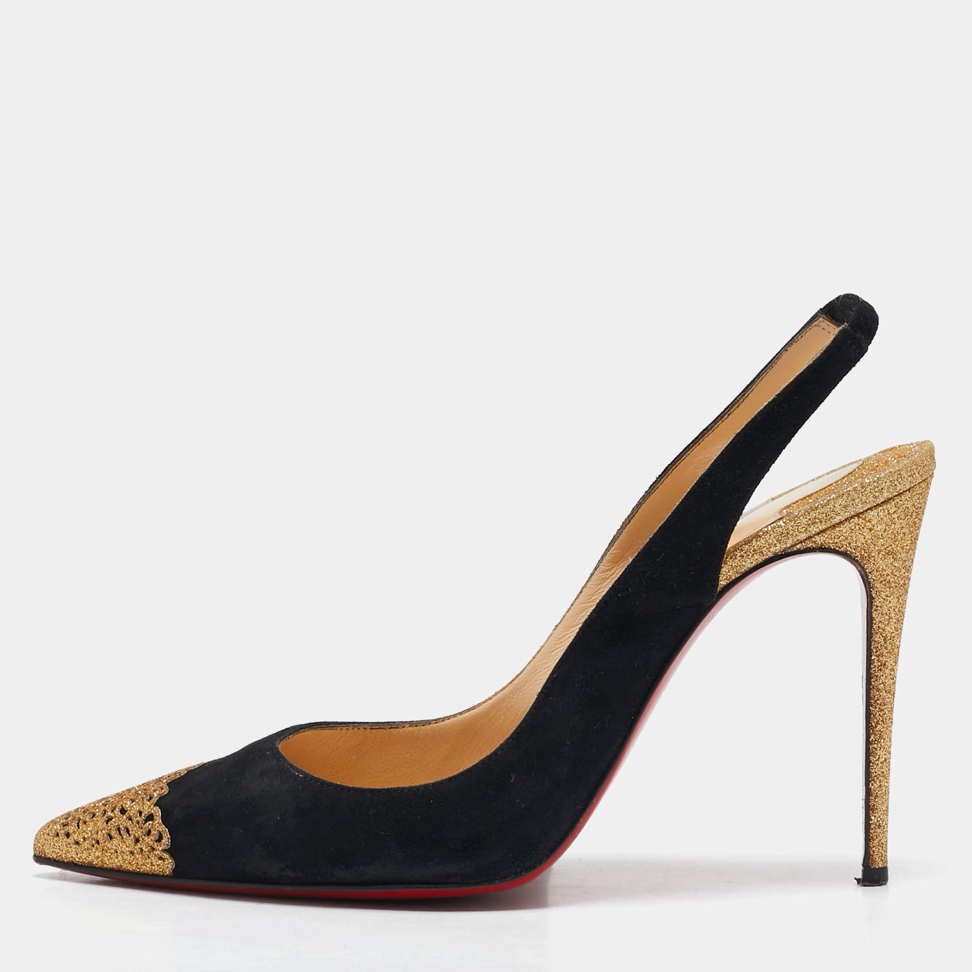 مملوكة مسبقًا حذاء كعب عالي كريستيان لوبوتان "ألماين" بجلد سويدي أسود وذهبي ولامع خلفي مقاس 37.5