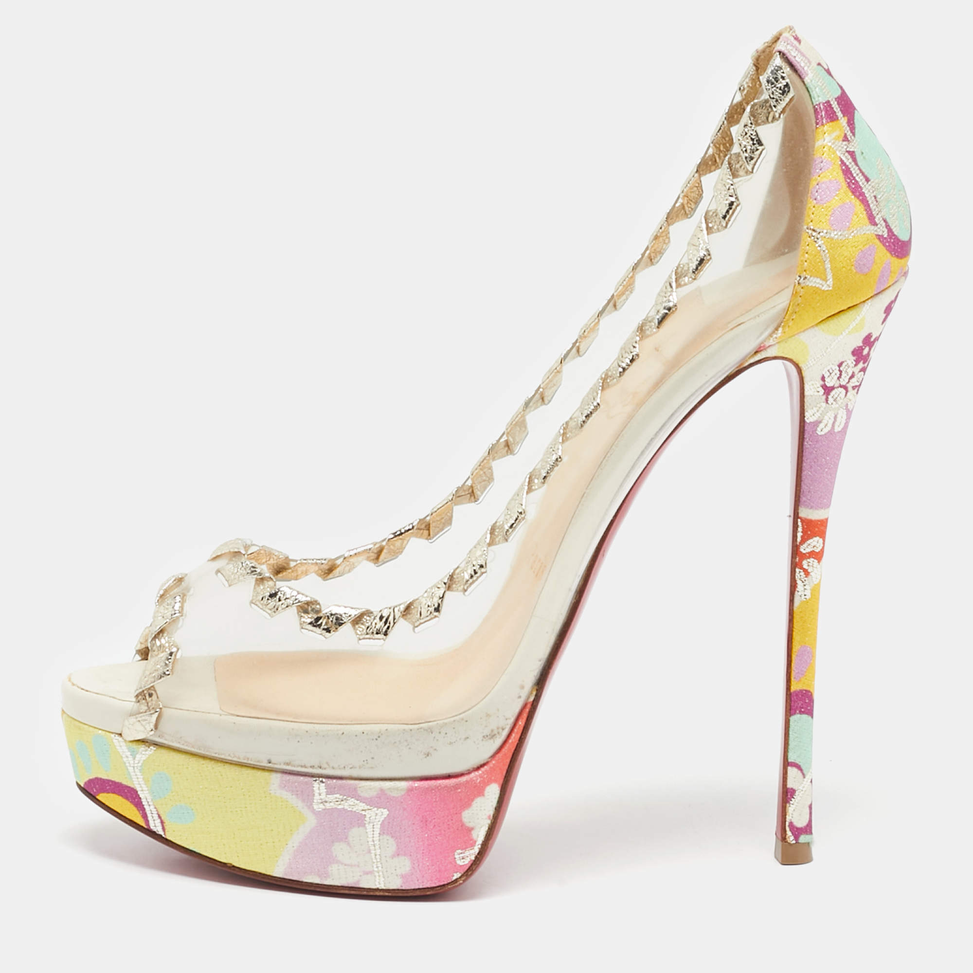 Christian Louboutin Multicolor Leather and PVC Fictoire Peep Toe Pumps Size 39