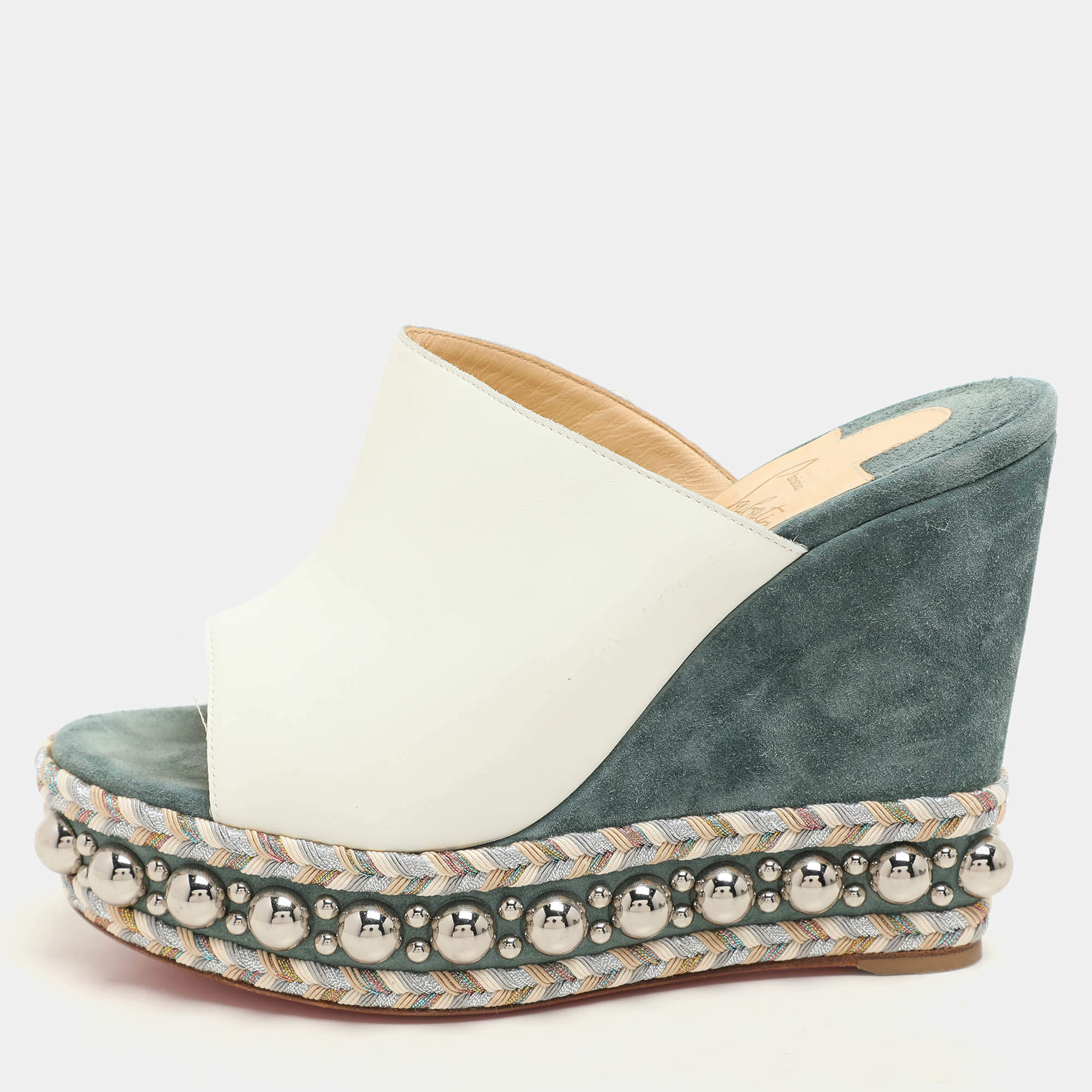 Christian Louboutin White/Green Leather Janibasse Wedge Sandals Size 39