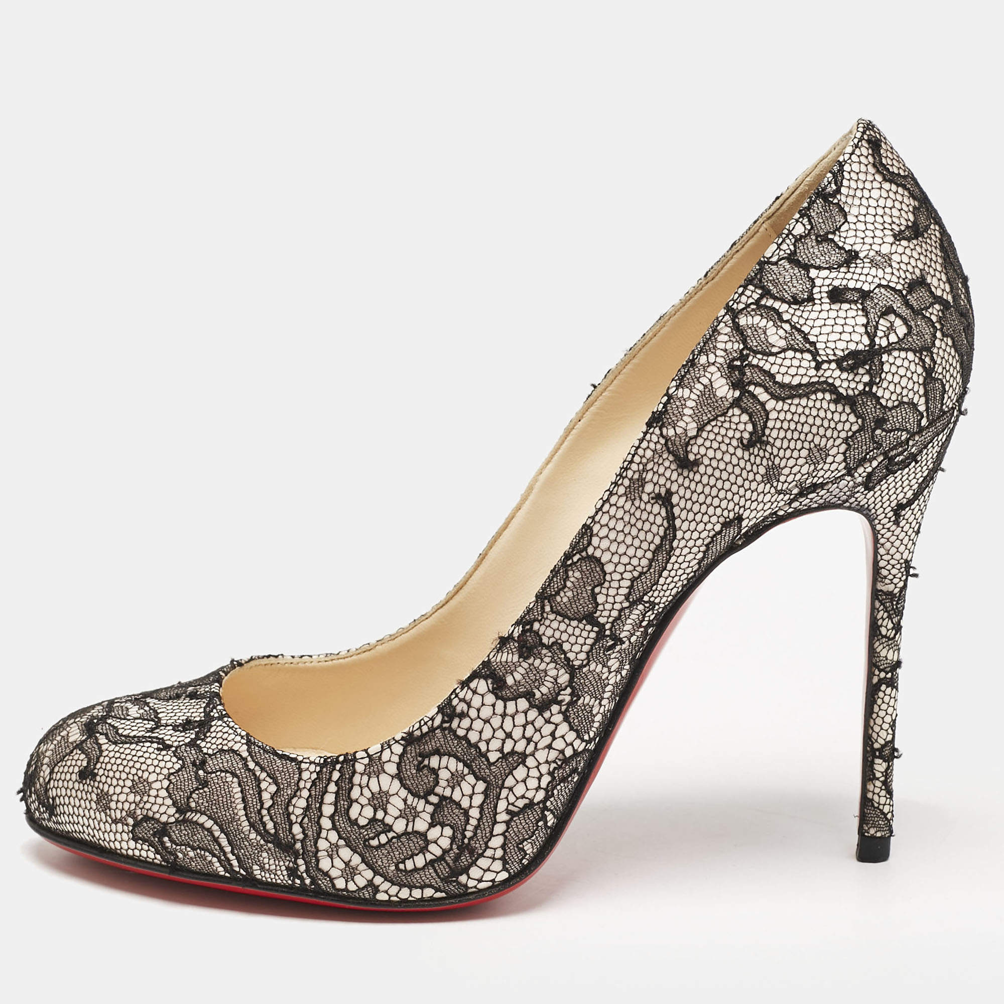 Christian Louboutin Black/Pink Lace and Satin Fifi Pumps Size 35.5