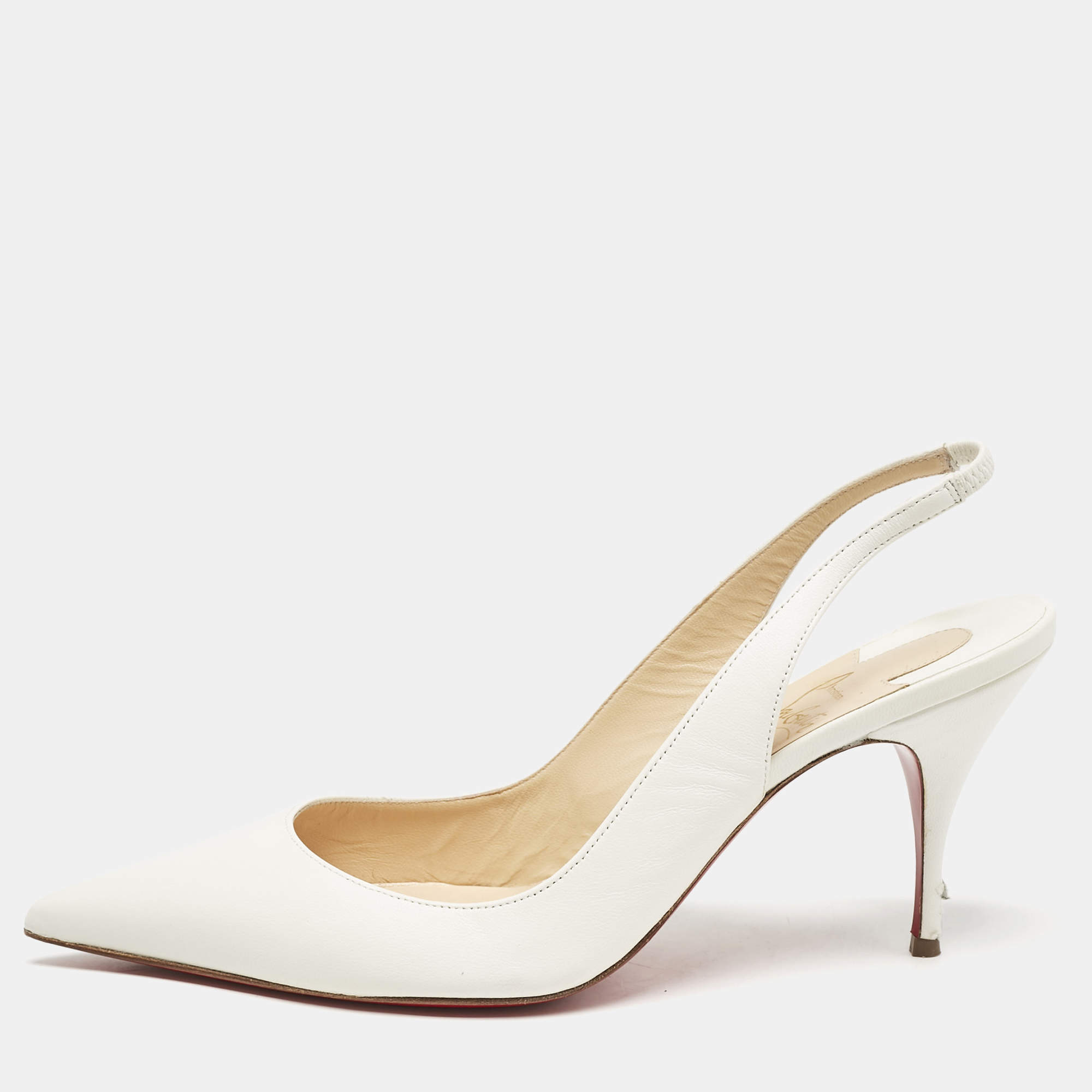 مملوكة مسبقًا Christian Louboutin White Leather Clare Pointed Toe Slingback Pumps Size 38.5