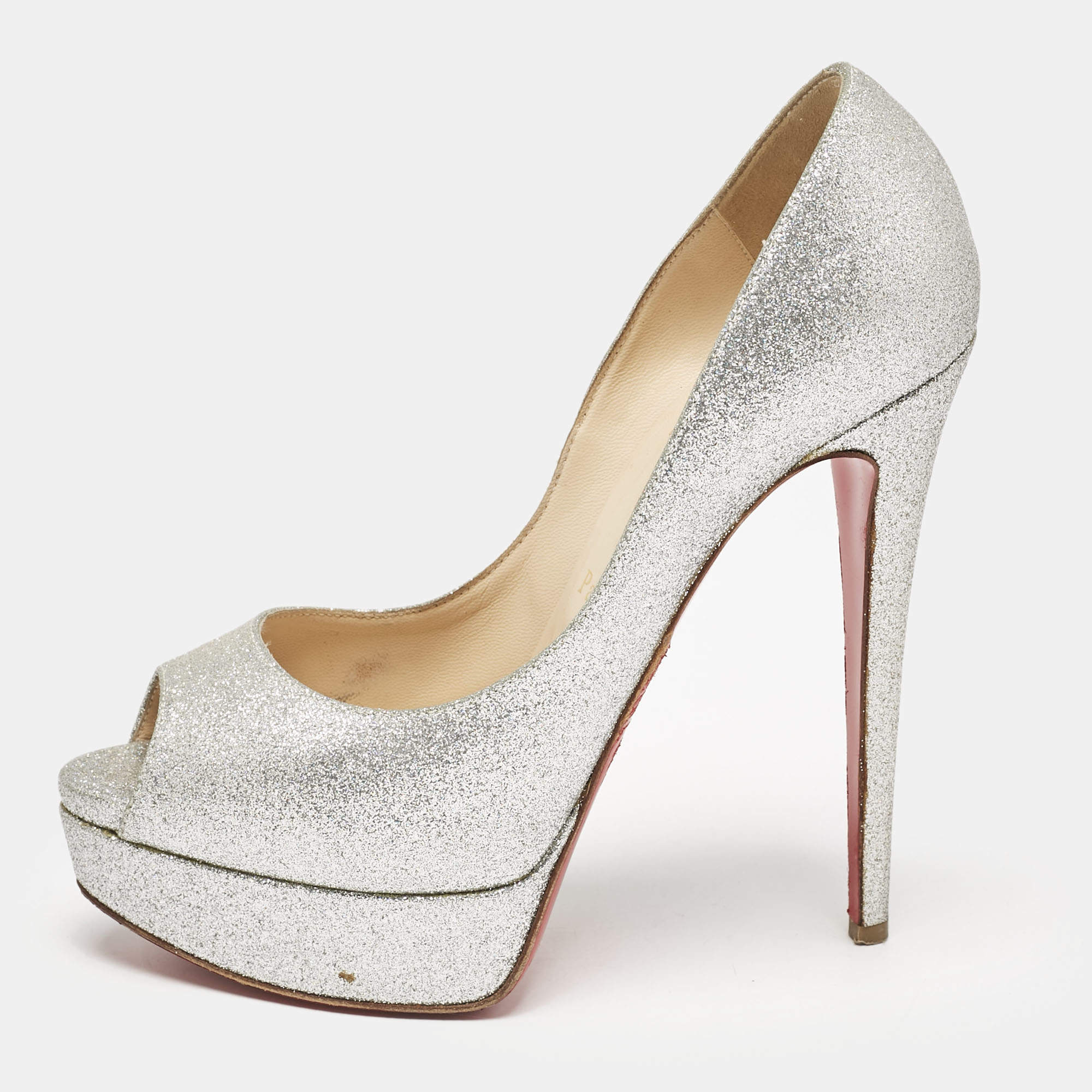 Christian Louboutin Metallic Silver Glitter Lady Peep Toe Platform Pumps Size 38