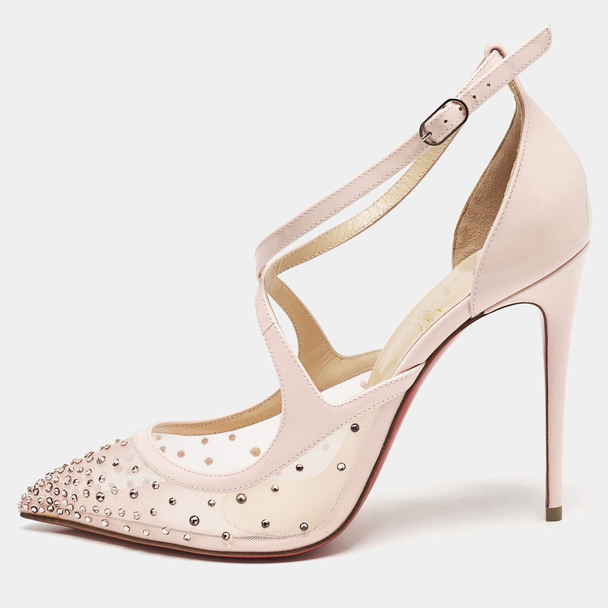 Pre Owned Christian Louboutin Pink Mesh and Patent Leather Twistissima Mary Jane Pumps Size 38.5