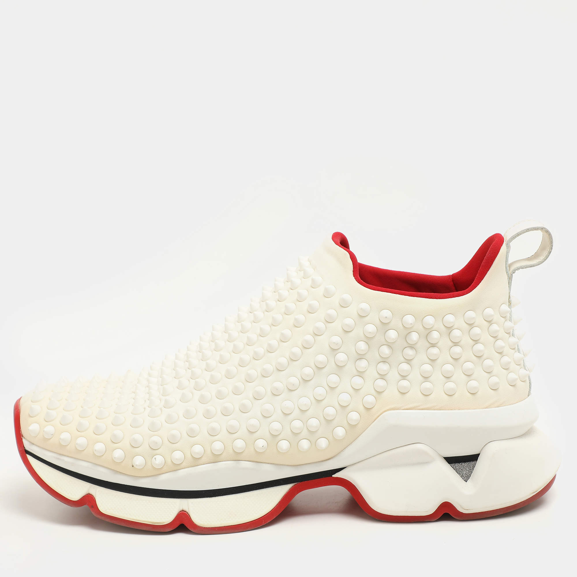 Christian Louboutin White Neoprene Spike Sock Slip On Platform Sneakers Size 39.5