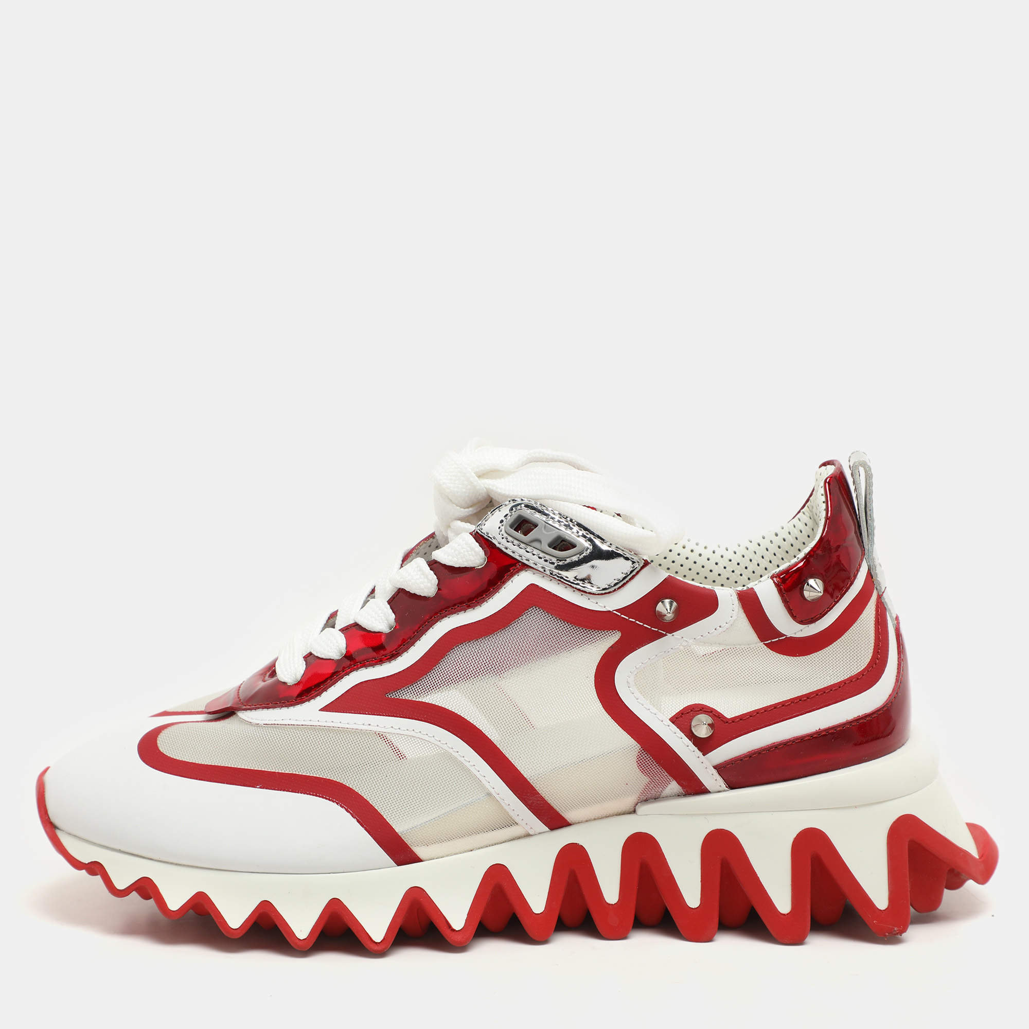 Christian Louboutin White/Red Leather and Mesh Sharkina Low Top Sneakers Size 36.5