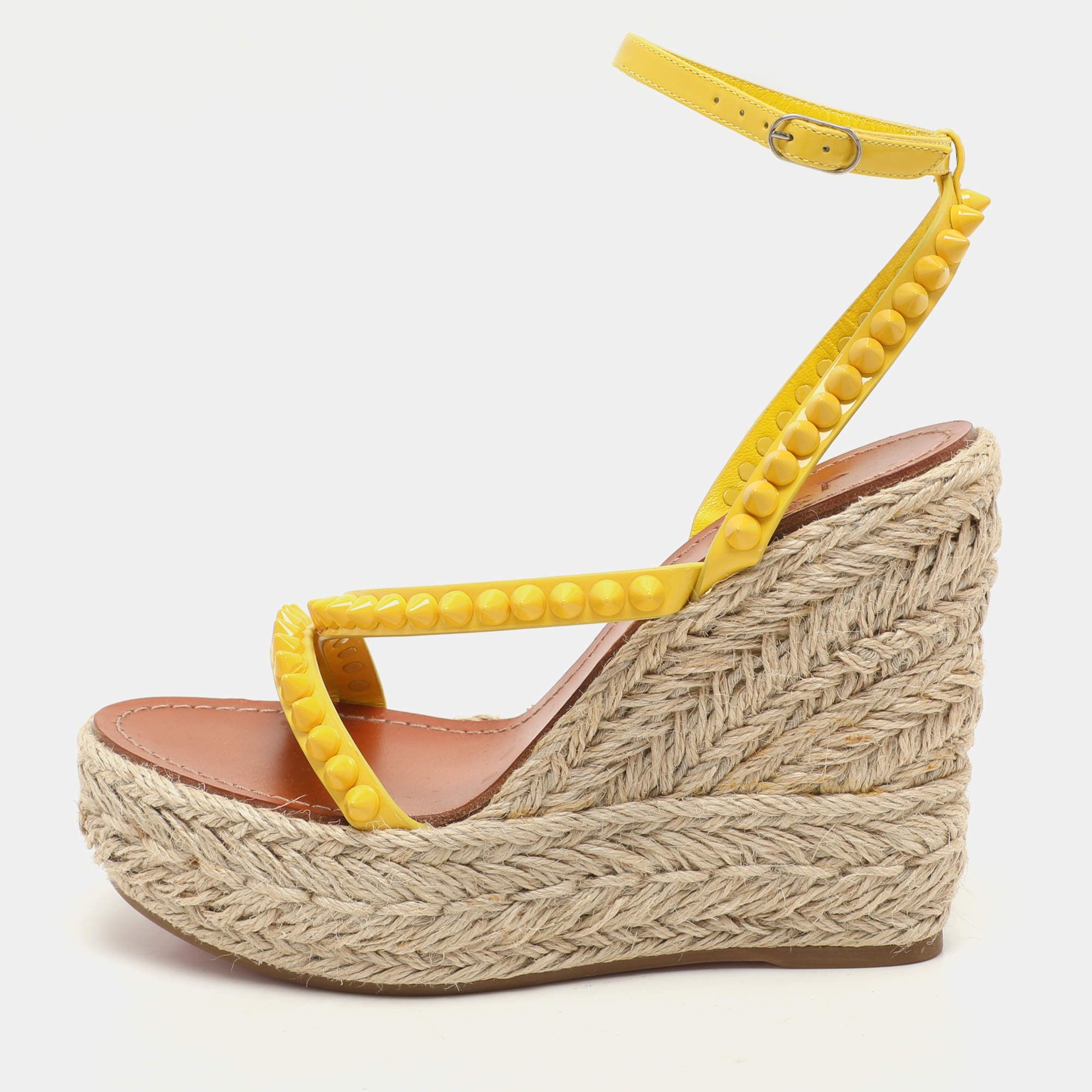 Christian Louboutin Yellow Patent Leather Mafaldina Zeppa Wedge Ankle Strap Sandals Size 37