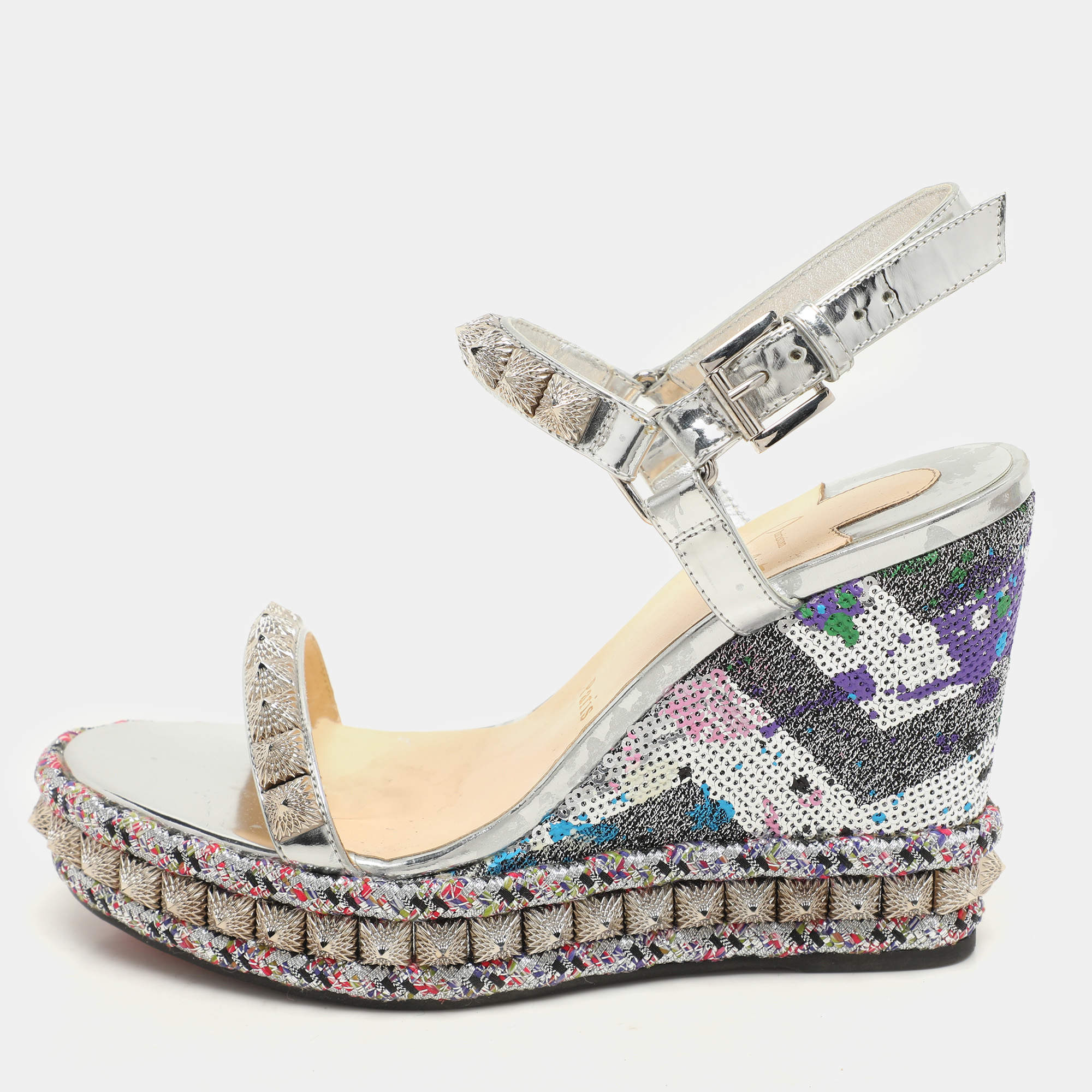 Christian Louboutin Silver Foil Leather Studded Cataclou Espadrille Wedge Sandals 38