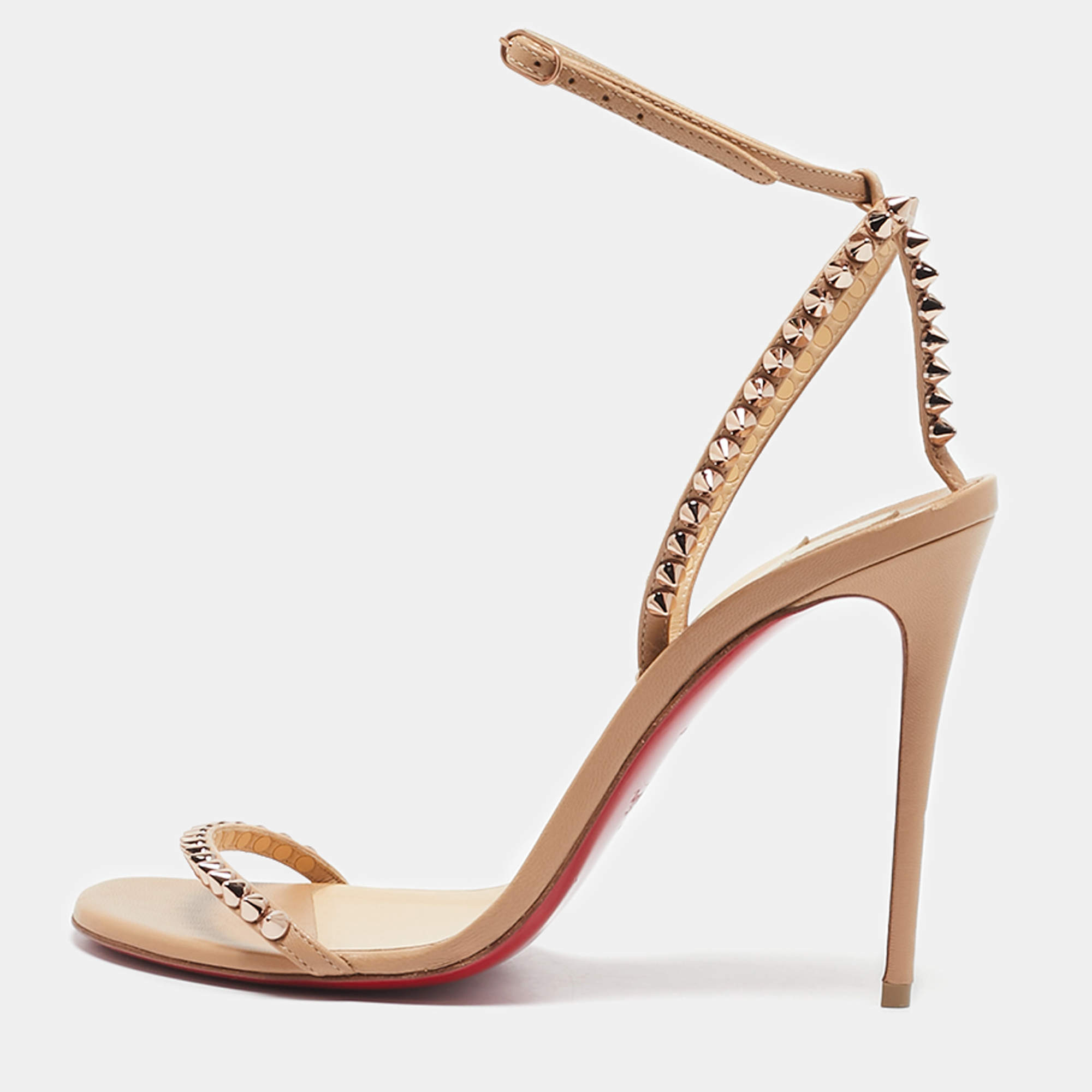 Christian Louboutin Beige Leather Loubi Queen Ankle Strap Sandals Size 38.5