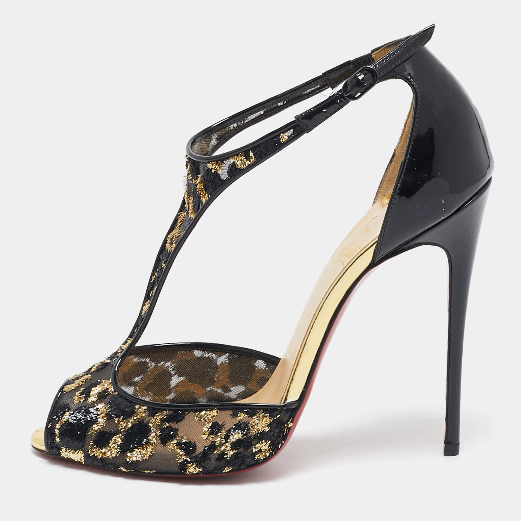 Christian Louboutin Black/Gold Mesh and Patent Leather Tiny T-Strap Sandals Size 36.5