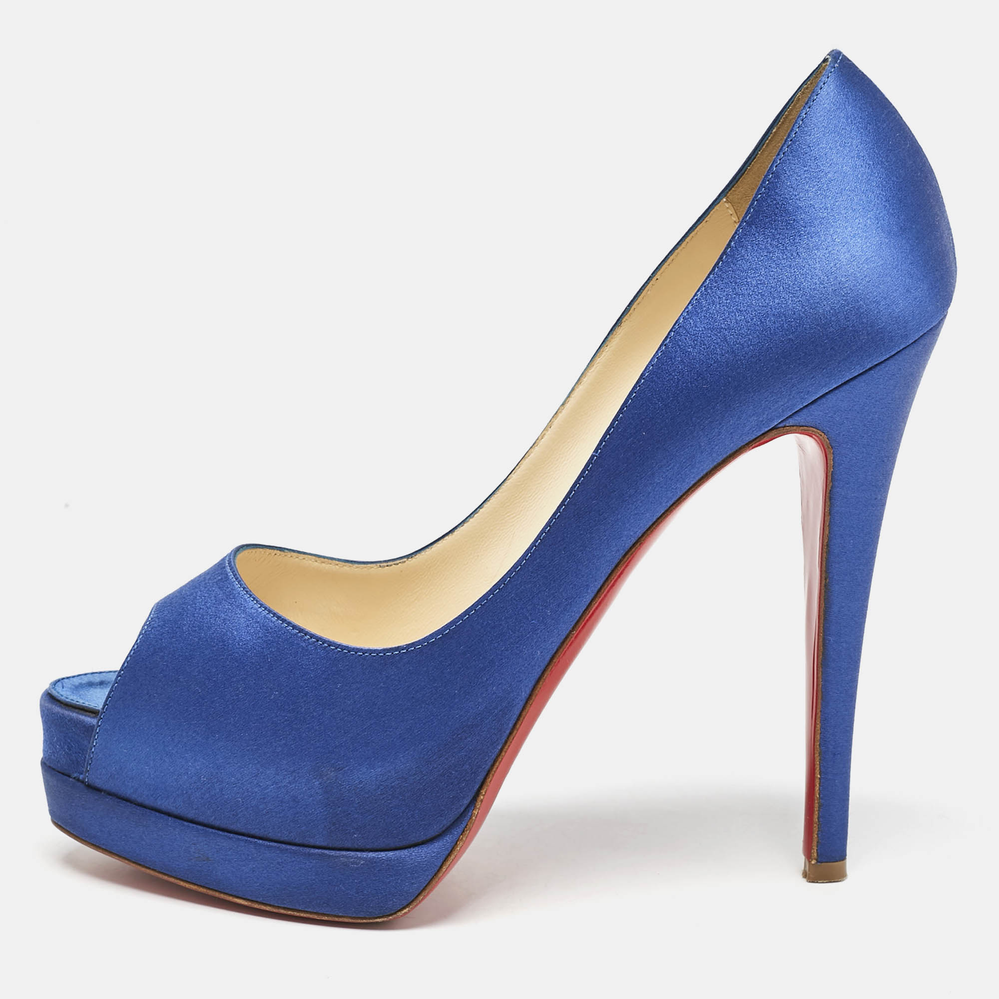 Pre Owned Christian Louboutin Blue Satin Palais Royal Platform Pumps Size 38