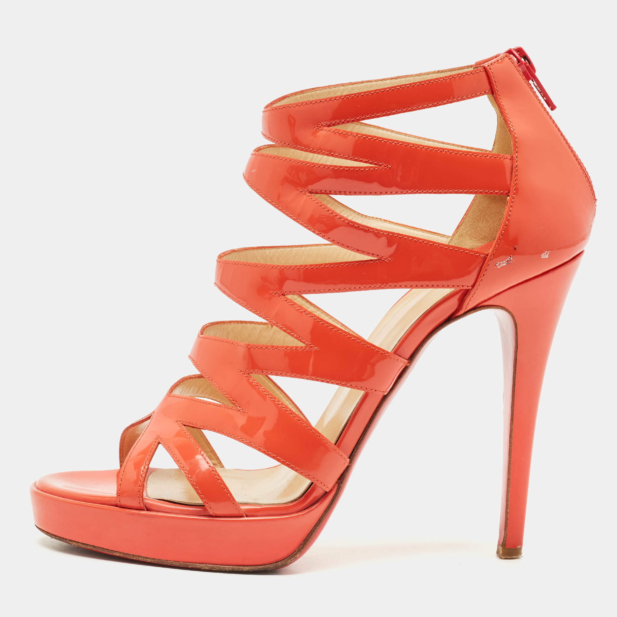 Pre Owned Christian Louboutin Orange Patent Leather Fernando Platform Sandals Size 38