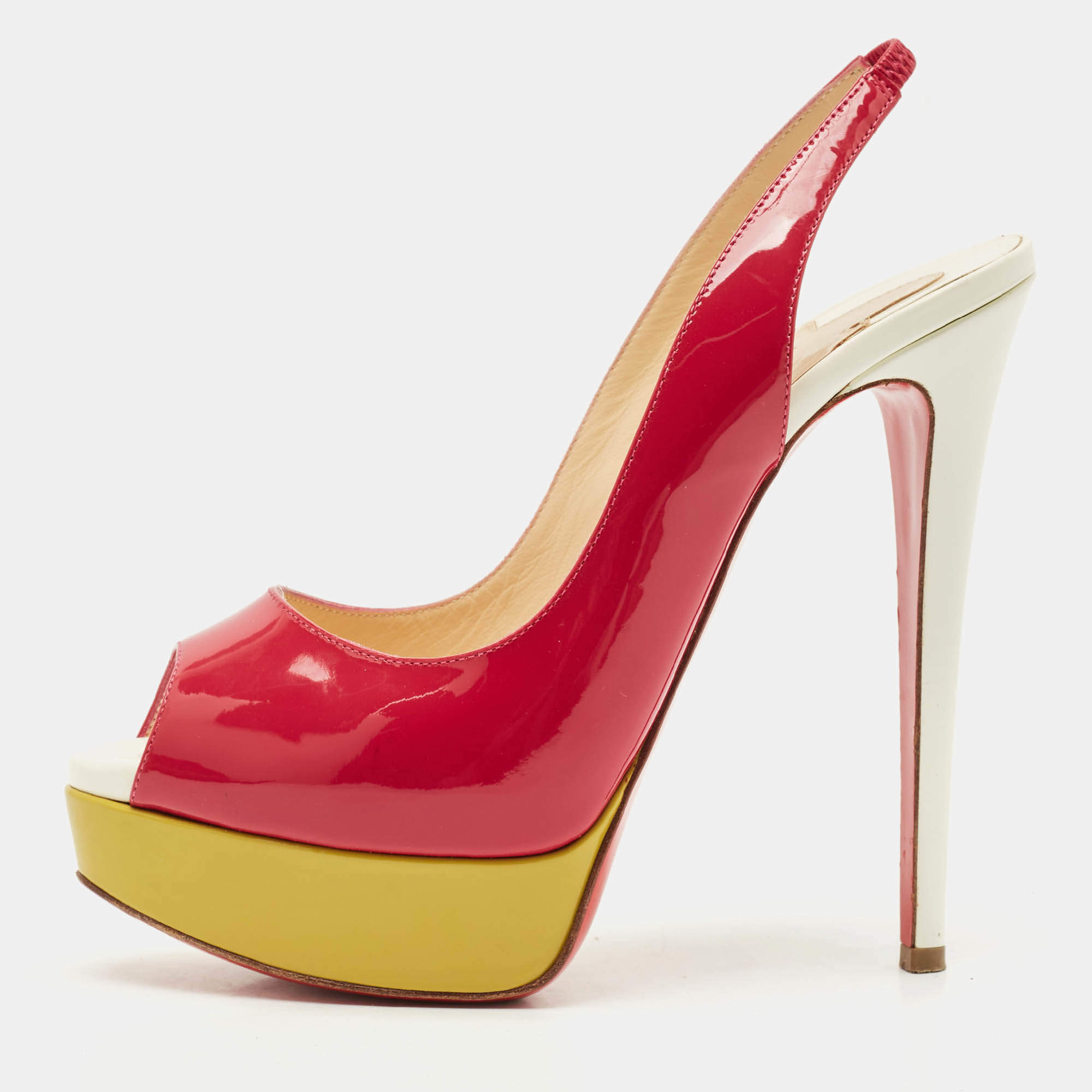 Christian Louboutin Multicolor Patent Leather Lady Peep Toe Platform Slingback Pumps Size 37