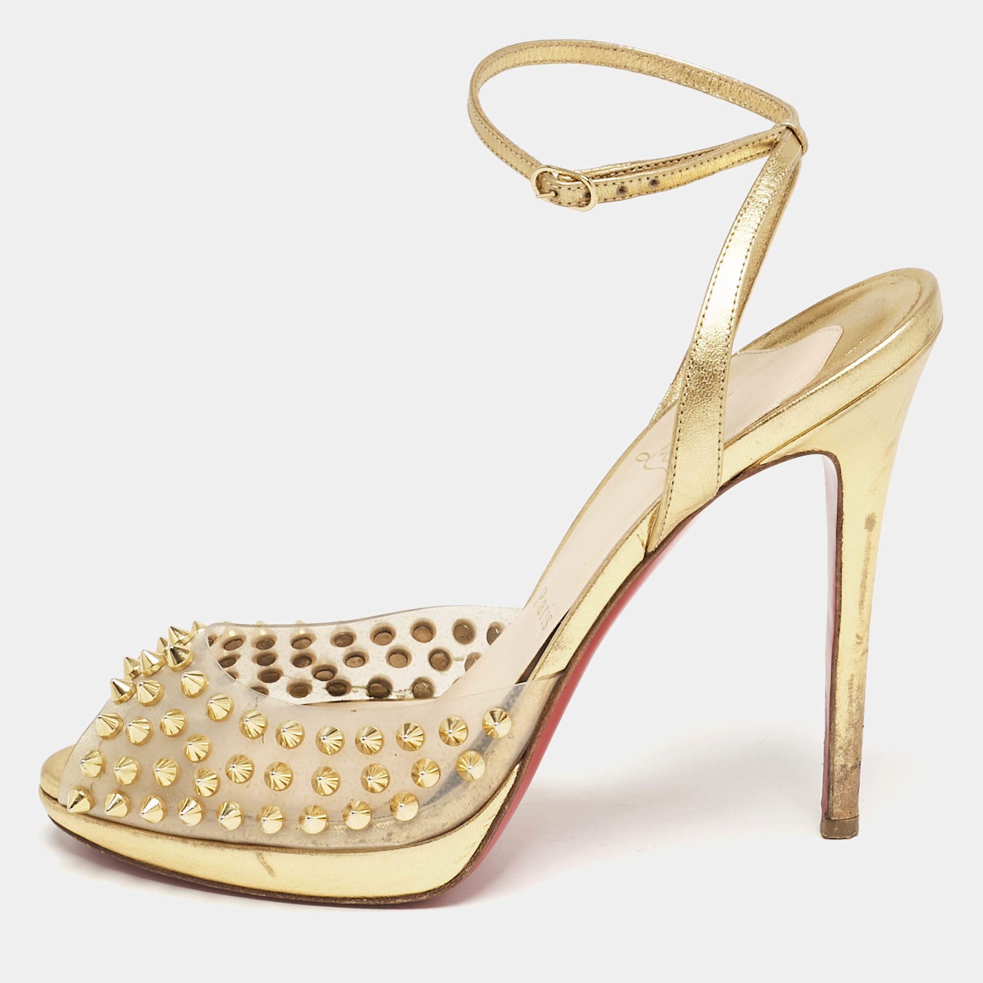 Christian Louboutin Gold Leather and PVC Spiked St Jeannette Ankle Strap Sandals Size 39