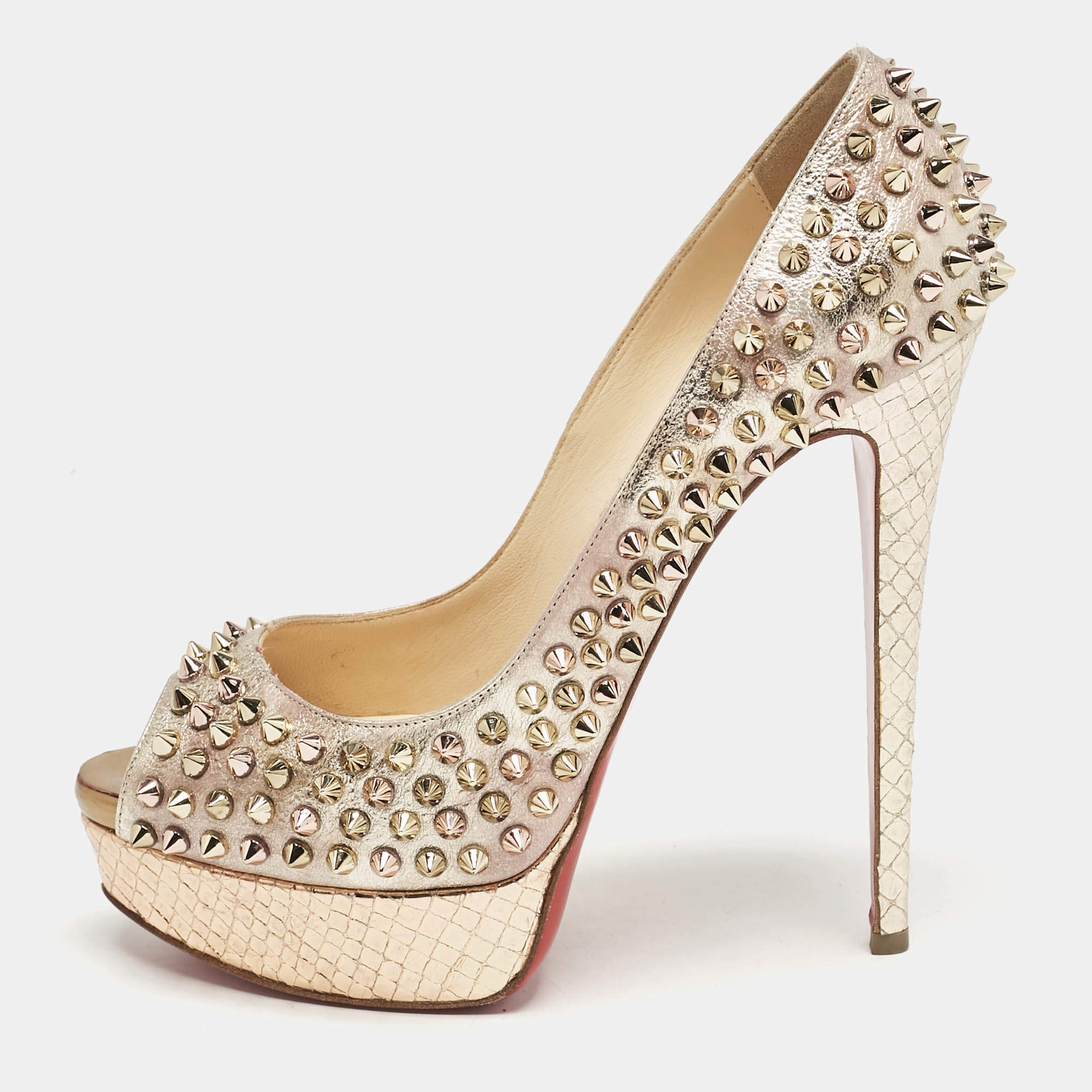 Christian Louboutin Metallic Multicolor Leather Lady Peep Spikes Pumps Size 39.5