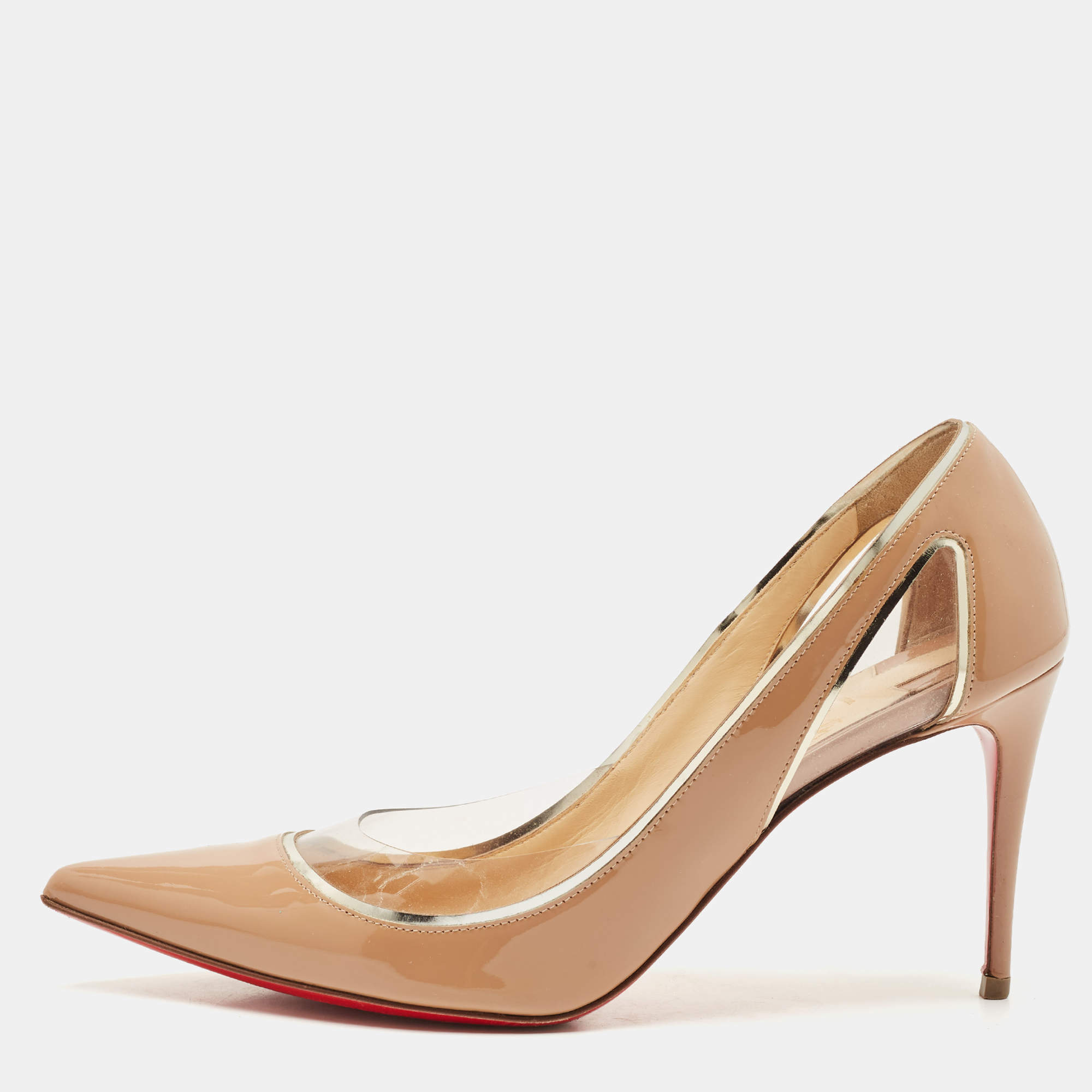 Christian Louboutin Beige Patent Leather and PVC Cosmo 554 Pumps Size 38.5