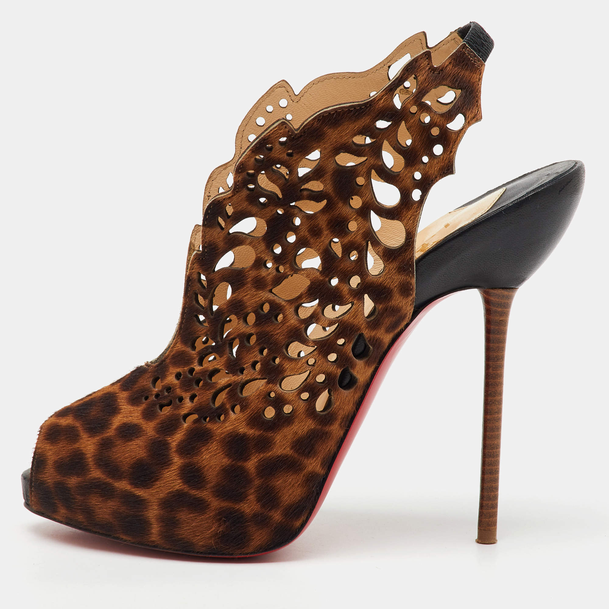 Christian Louboutin Brown Leopard Print Calf Hair Markesling Peep Toe Pumps Size 38