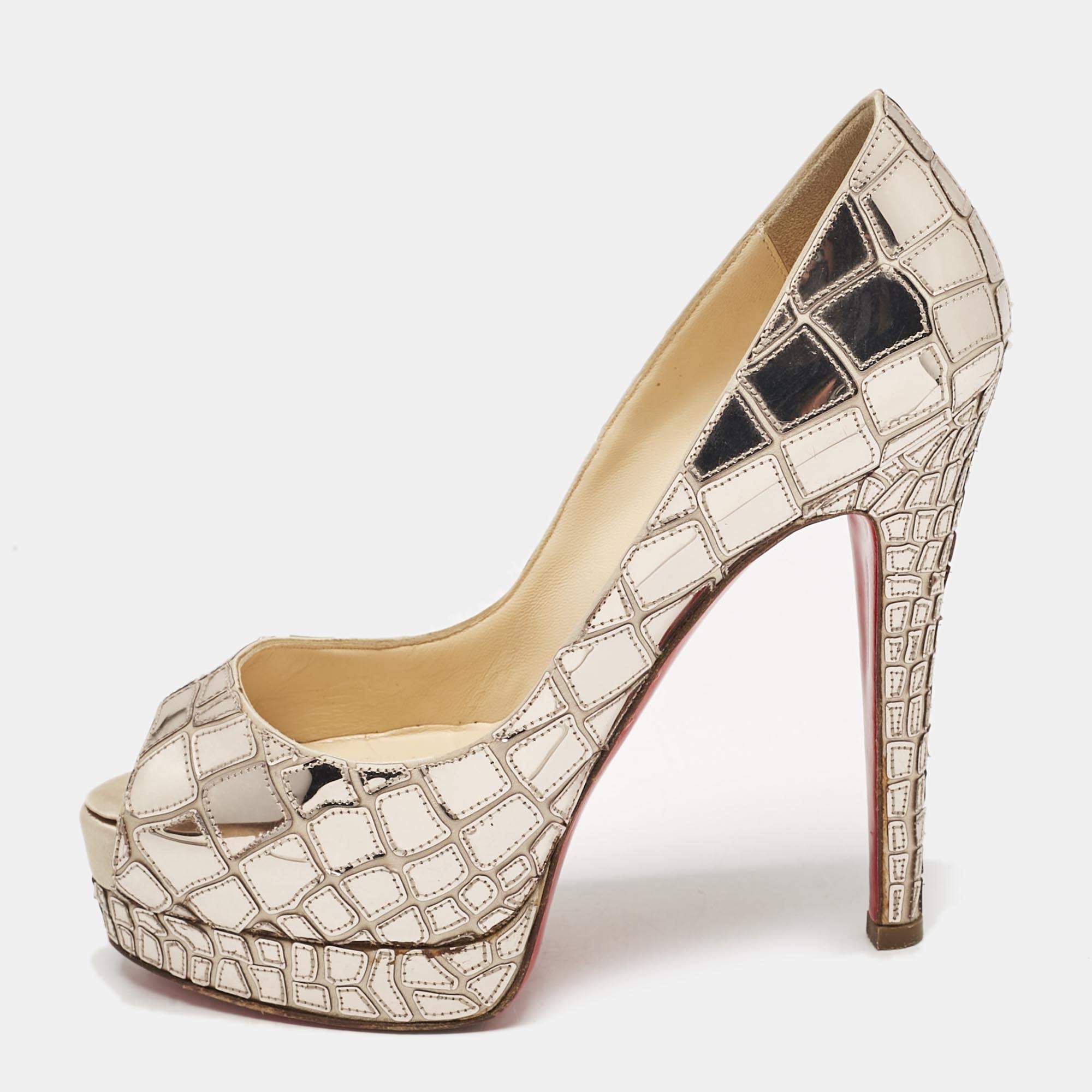 Christian Louboutin Metallic Mirror Leather and Satin Mosaic Sobek Platform Pumps Size 36.5