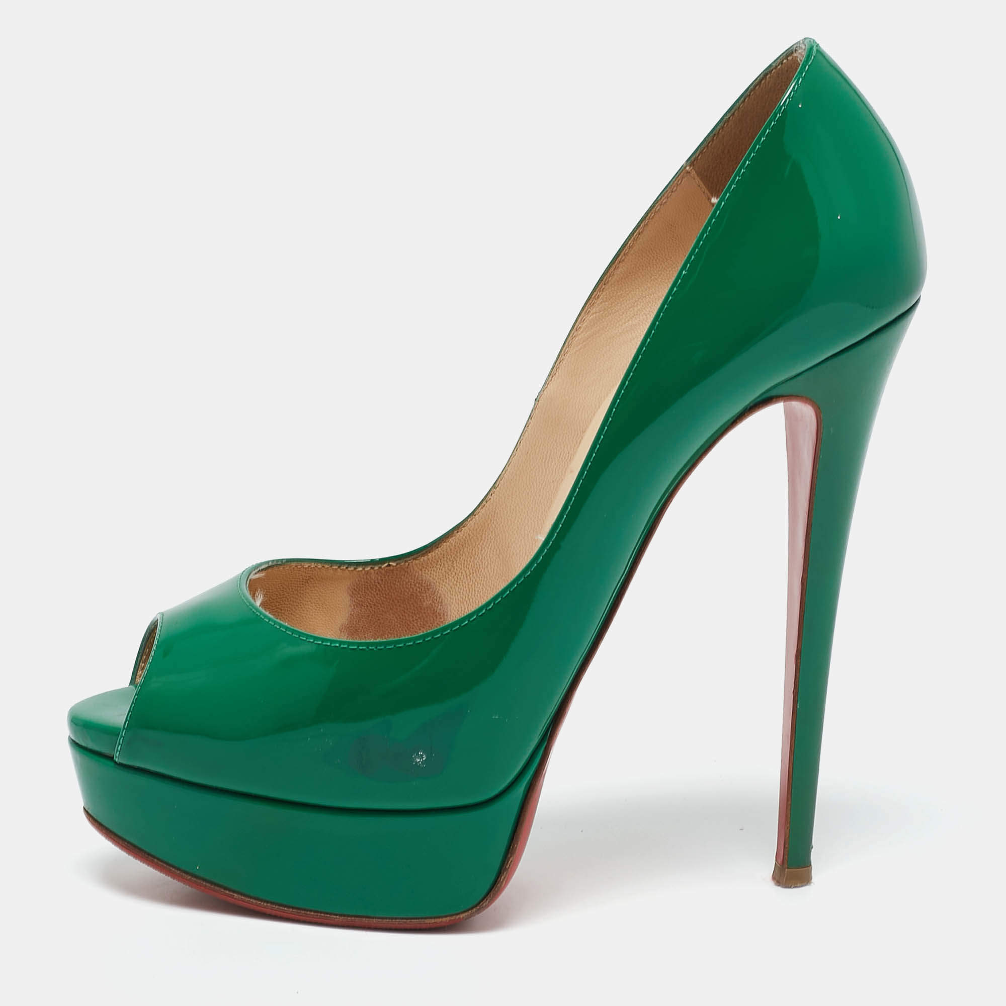 Pre Owned Christian Louboutin Green Patent Leather Lady Peep Toe Pumps Size 38.5