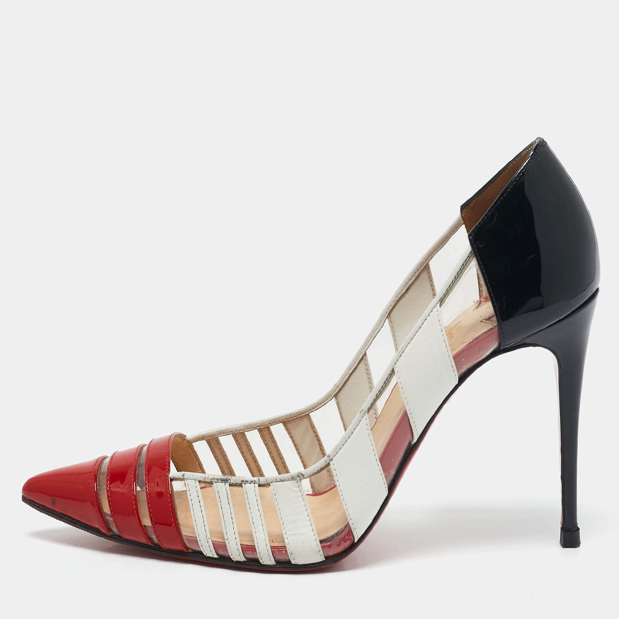 Pre Owned Christian Louboutin Tricolor Patent Leather and PVC Bandy Stripe Pumps Size 37