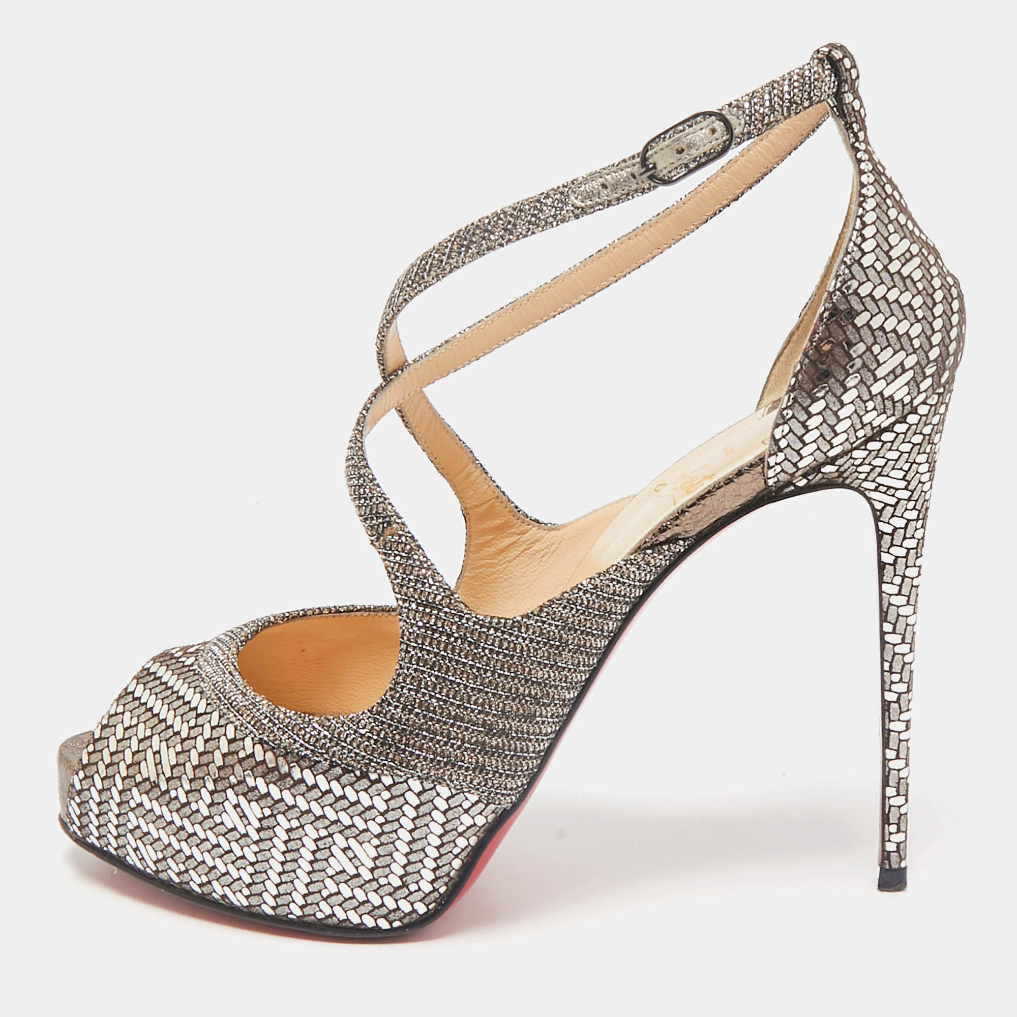 Christian Louboutin Metallic Lamé Fabric and Glitter Mira Bella Sandals Size 37.5