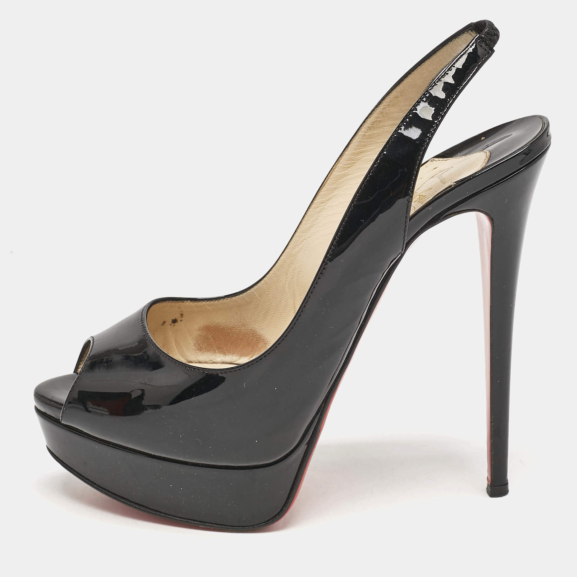 Pre Owned Christian Louboutin Black Patent Leather Lady Peep Sling Pumps Size 39.5