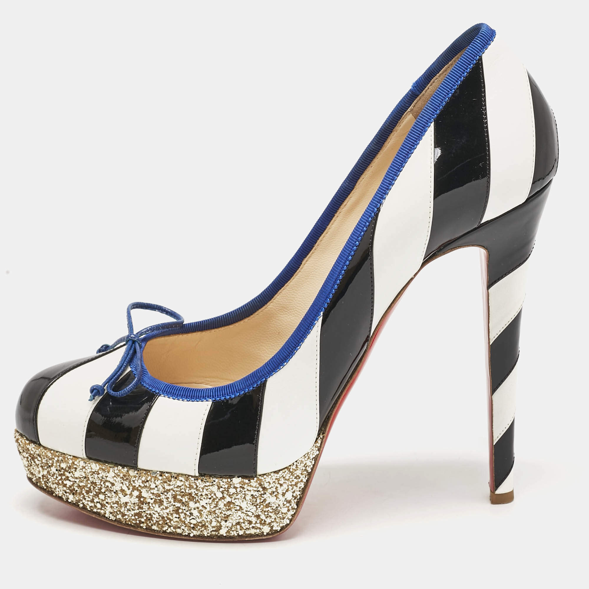 Christian Louboutin White/Black Striped Patent and Leather Foraine Pumps Size 41