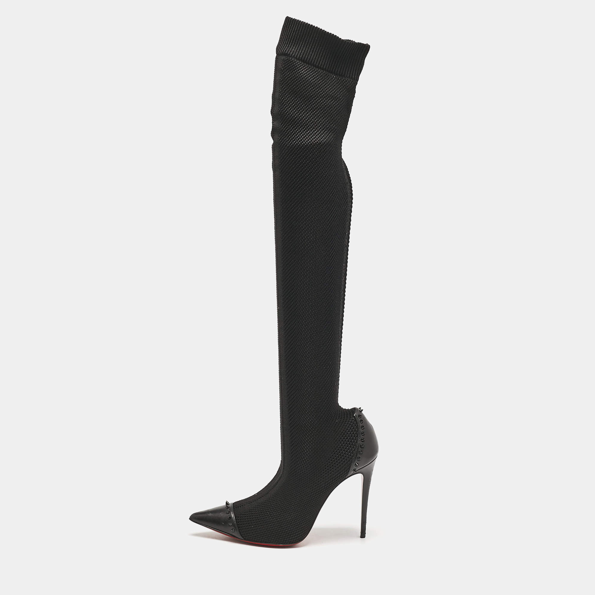Christian Louboutin Black Knit Fabric and Leather Souricette Knee Length Boots 38