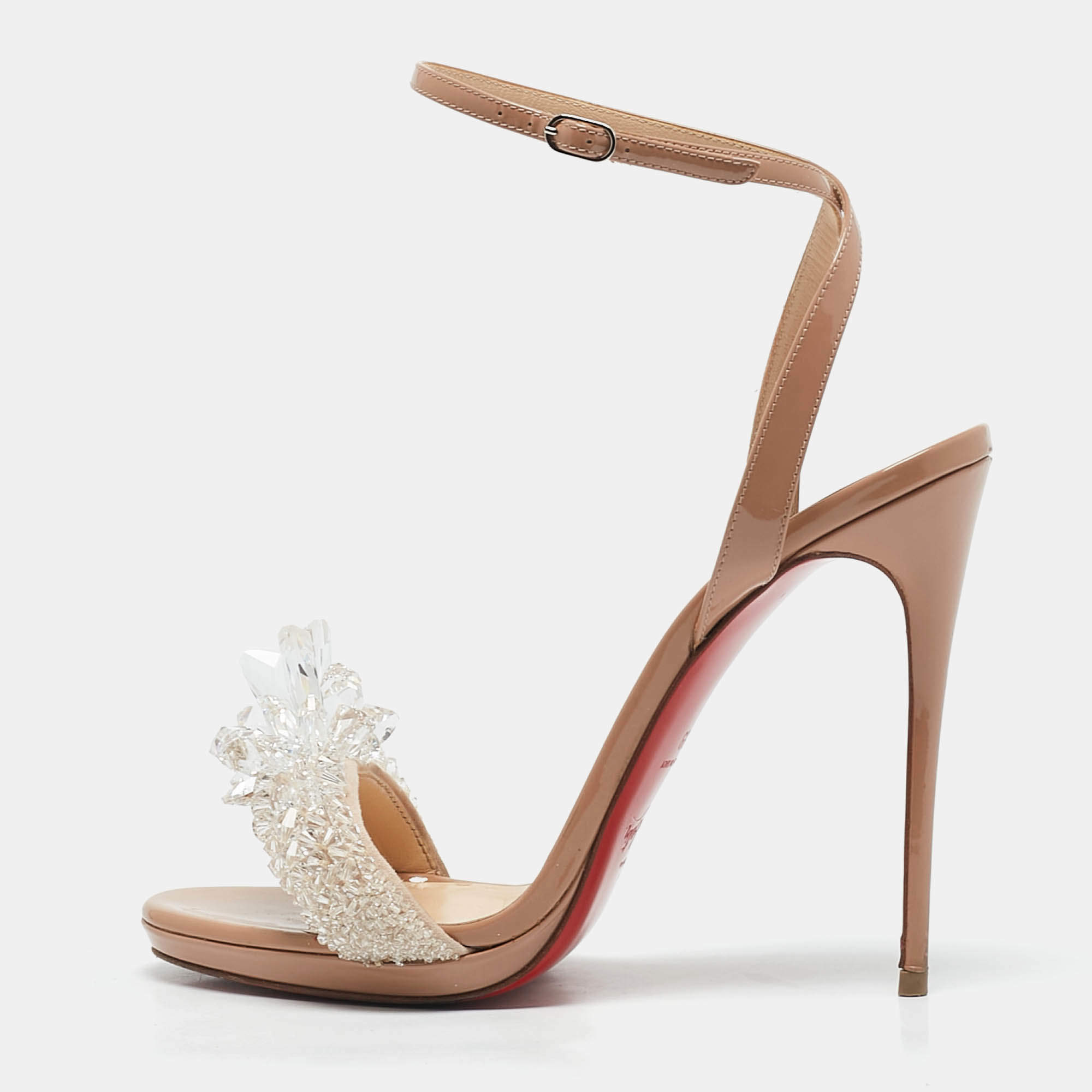 Christian Louboutin Beige Patent Leather and Suede Crystal Queen Sandals Size 39