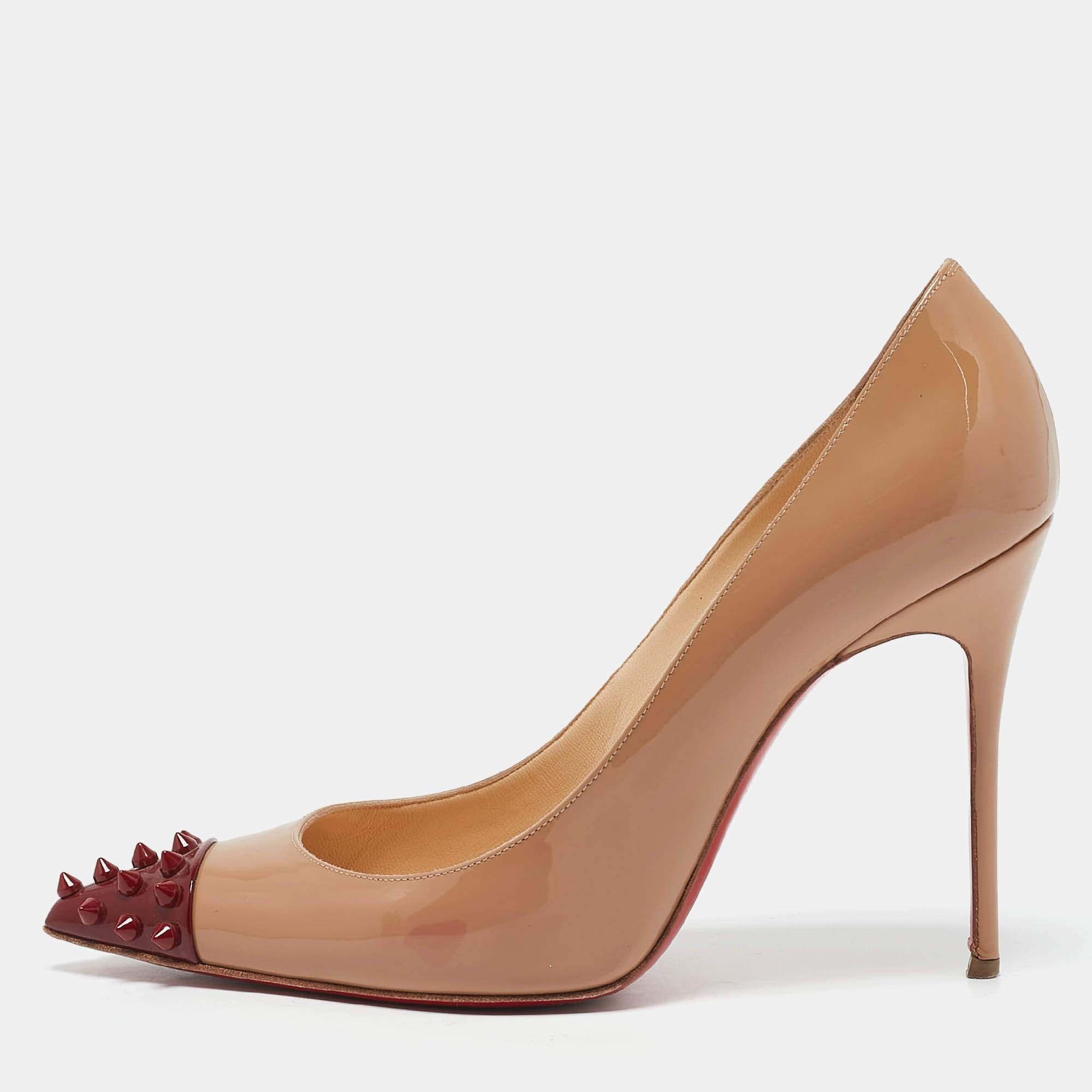 Pre Owned Christian Louboutin Beige/Burgundy Patent Leather Geo Spikes Cap Toe Pumps Size 39.5