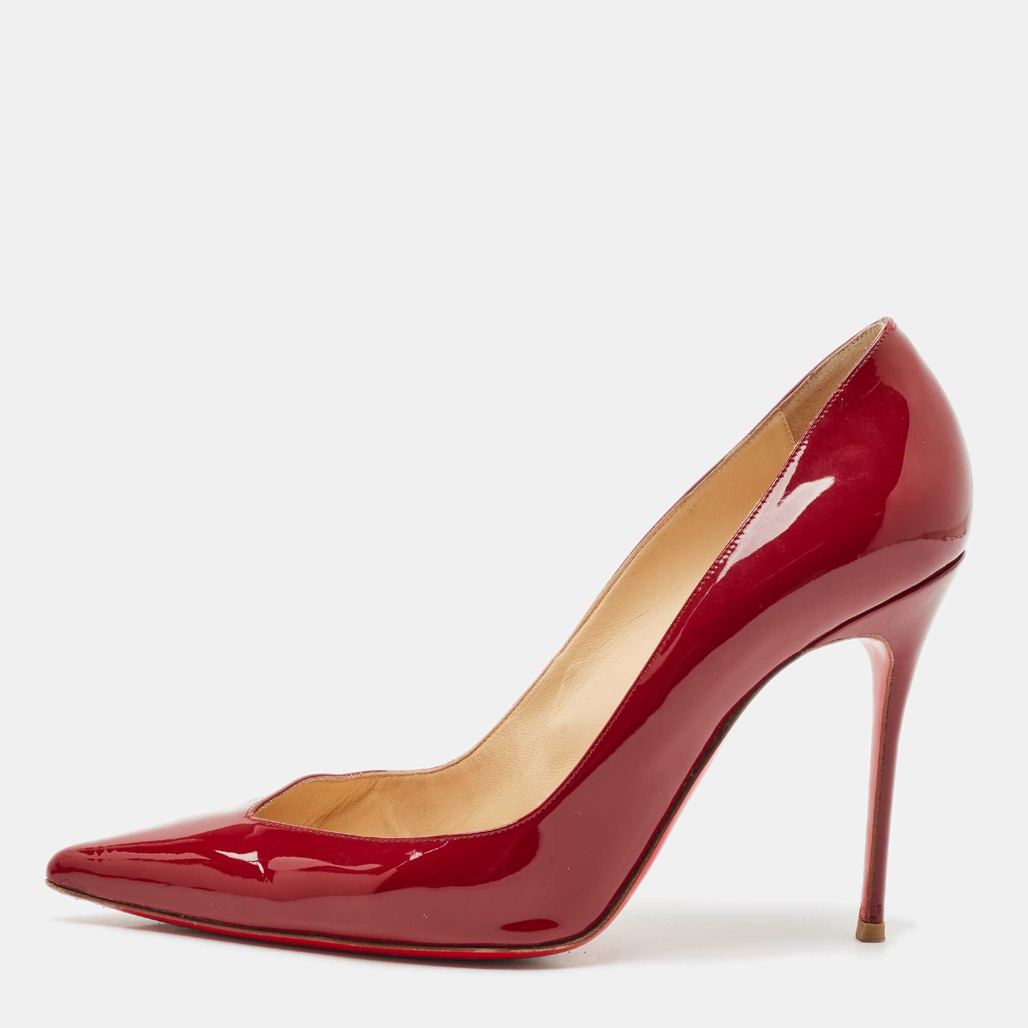 Pre Owned Christian Louboutin Burgundy Patent Leather Pointed Toe Pumps Size 39.5