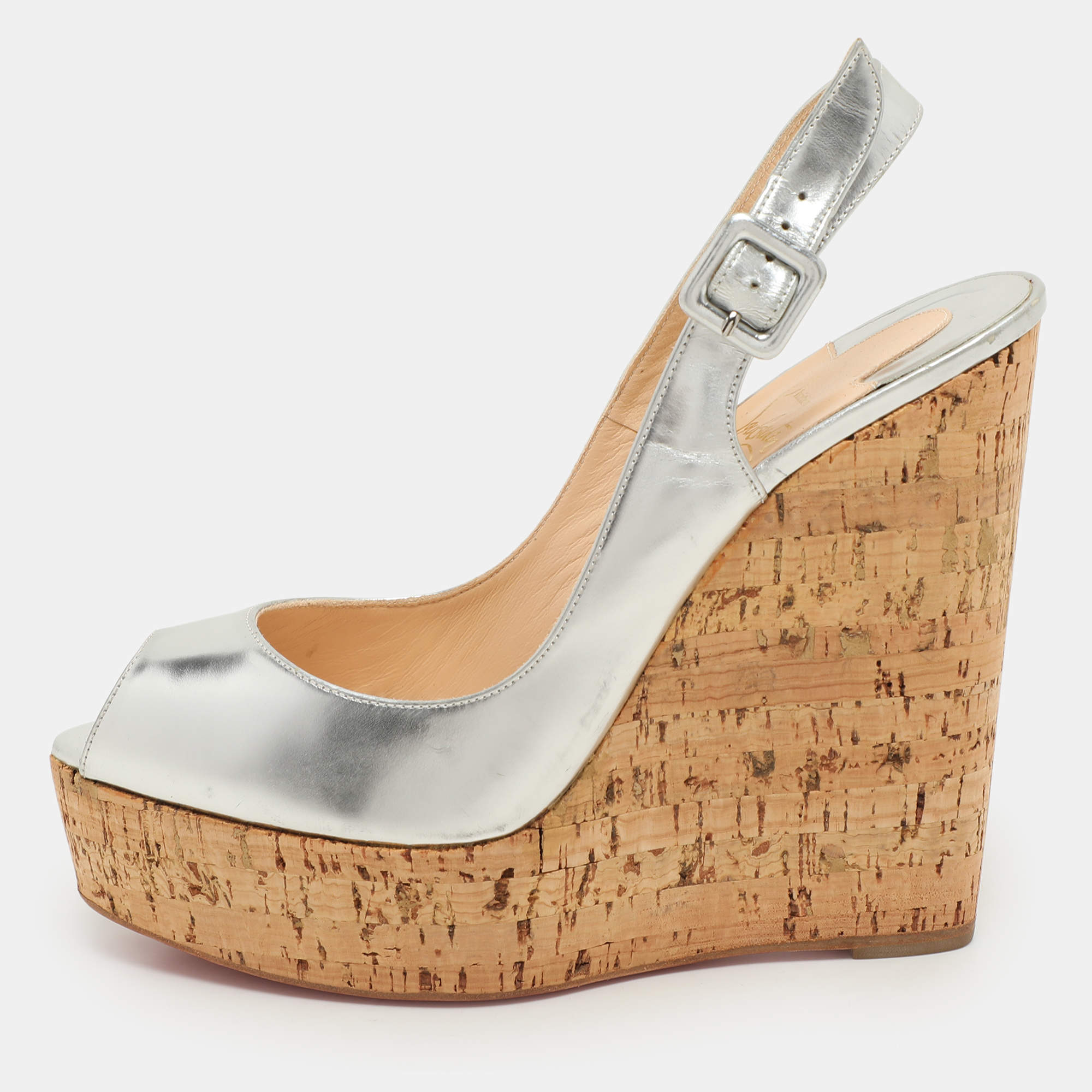 Christian Louboutin Silver Foil Leather Une Plume Peep-Toe Cork Wedge Sandals Size 40.5