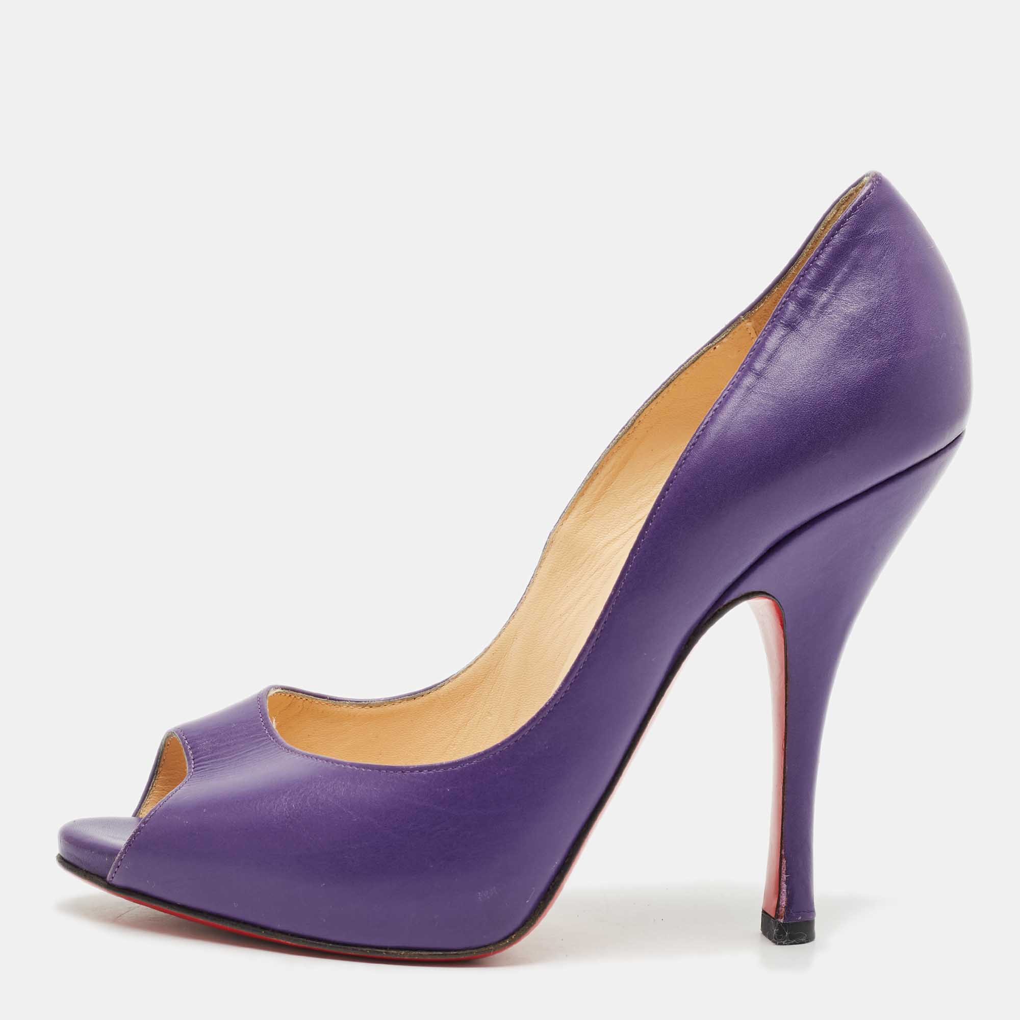 Pre Owned Christian Louboutin Purple Leather Flo Peep Toe Pumps Size 37.5